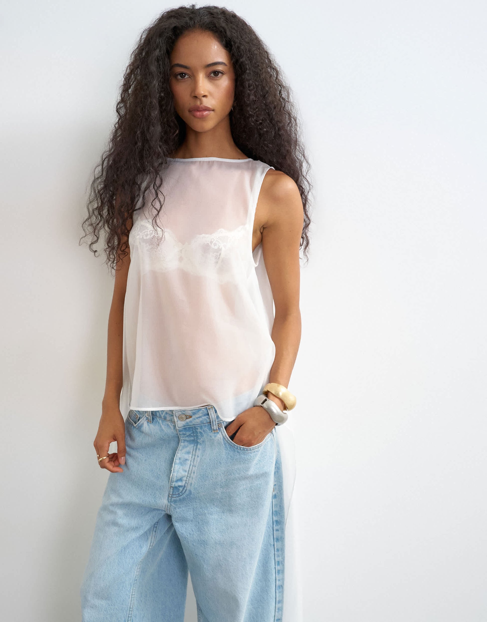 Topshop sheer organza drape tunic top in white