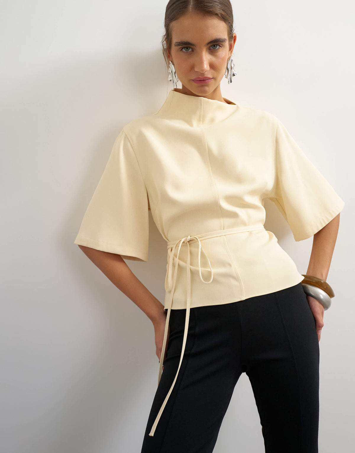 Topshop high neck tie detail short sleeved top in buttermilk
