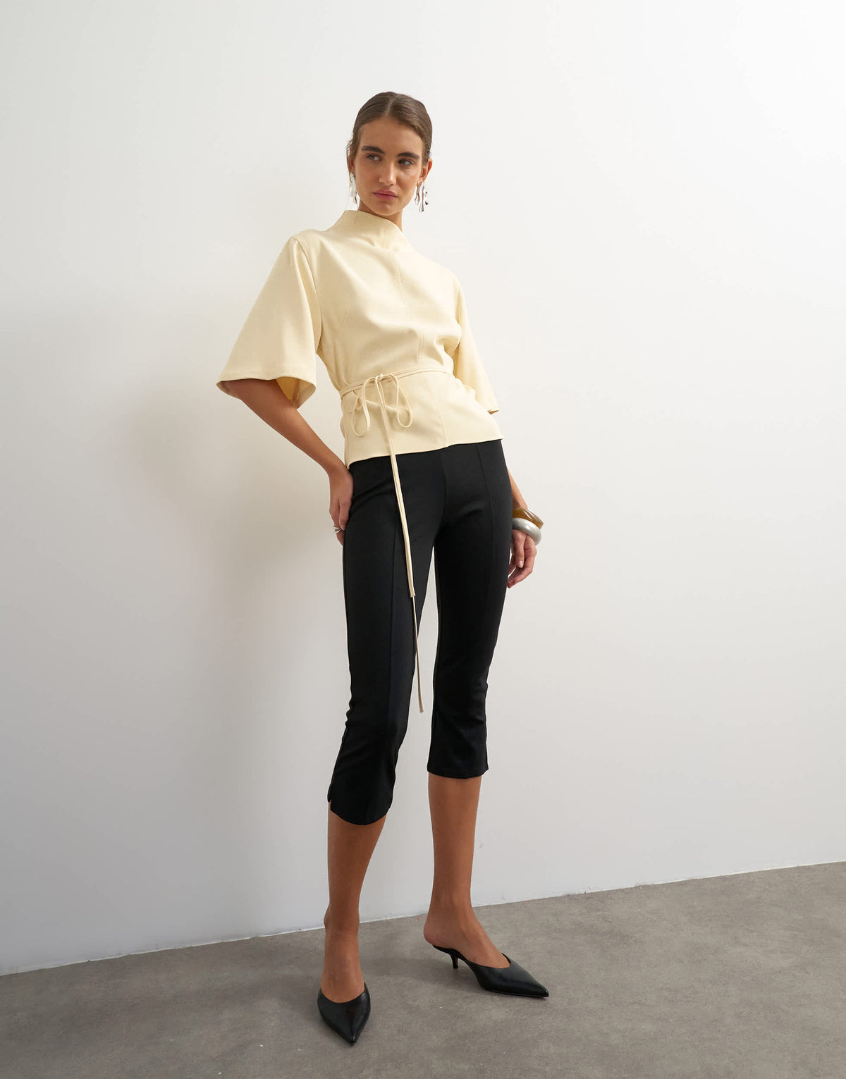 Topshop high neck tie detail short sleeved top in buttermilk