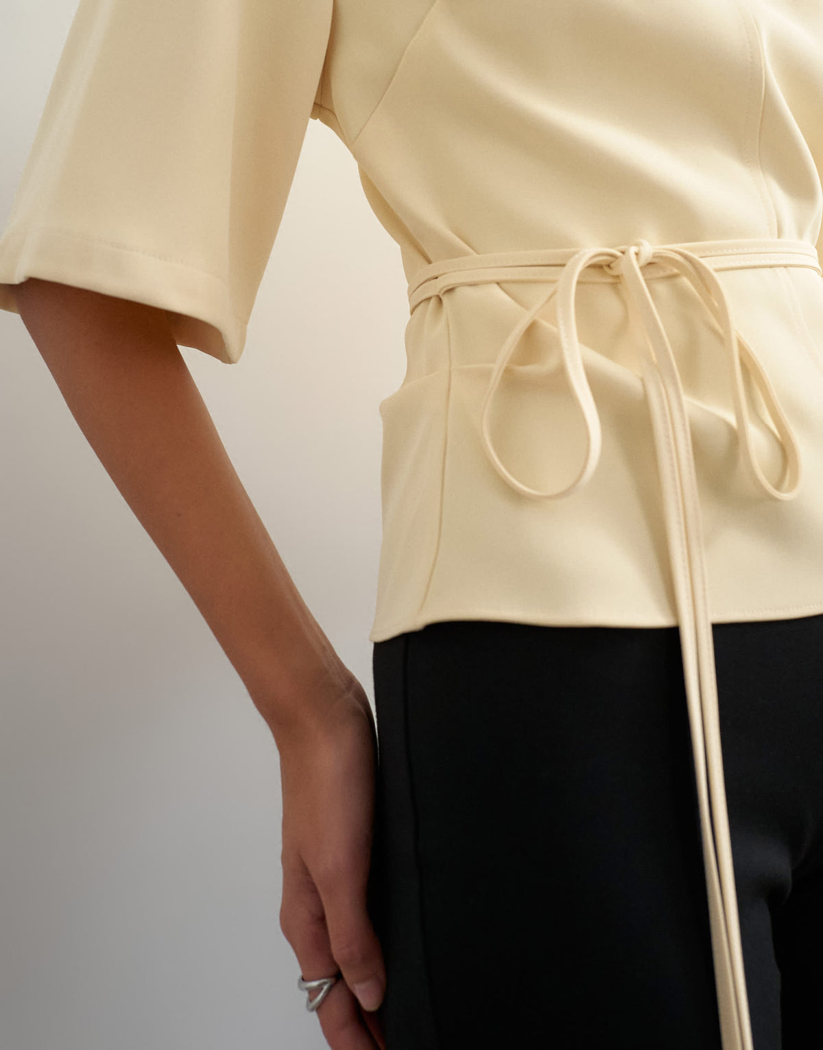 Topshop high neck tie detail short sleeved top in buttermilk