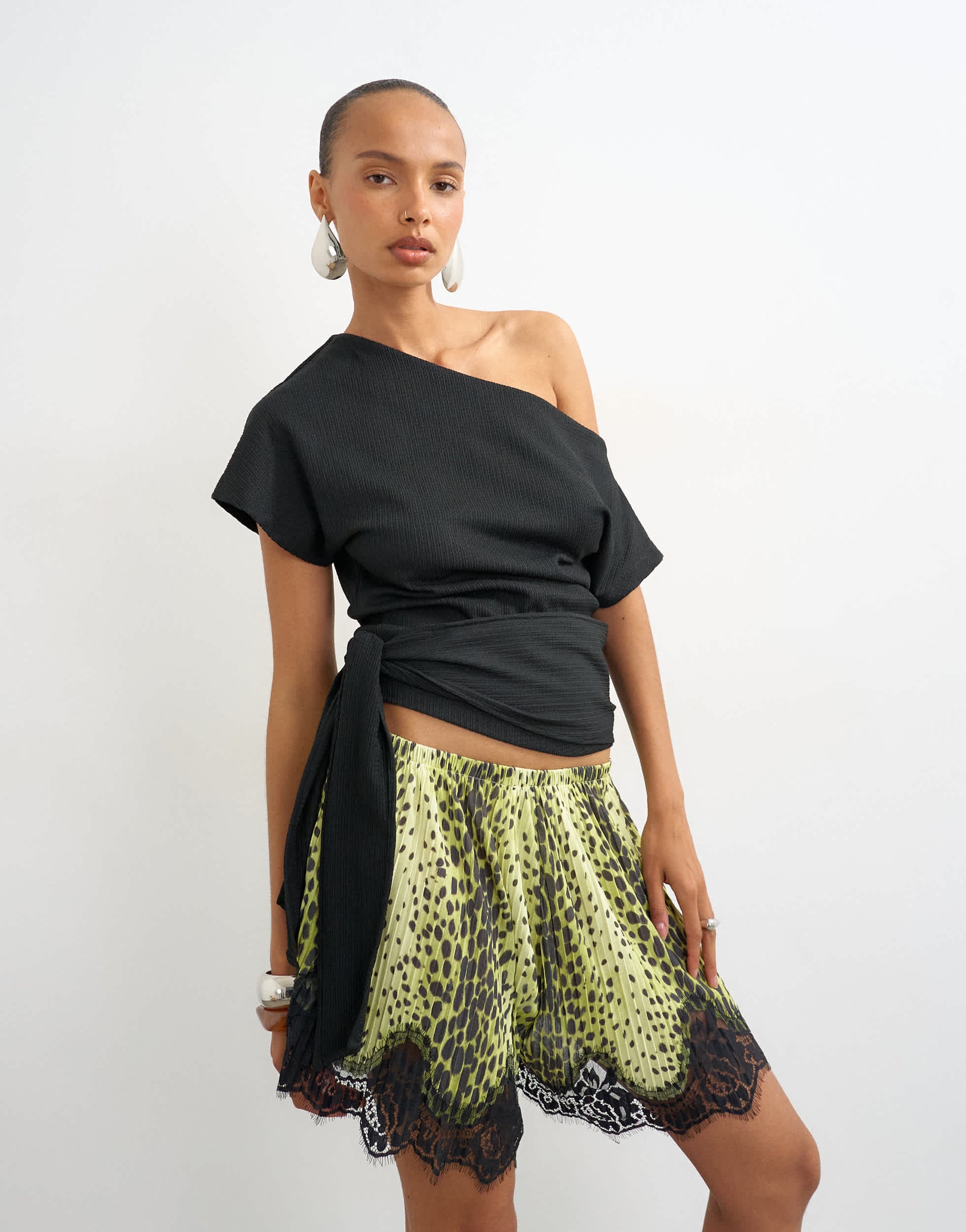 Topshop crinkle off shoulder tie front top in black