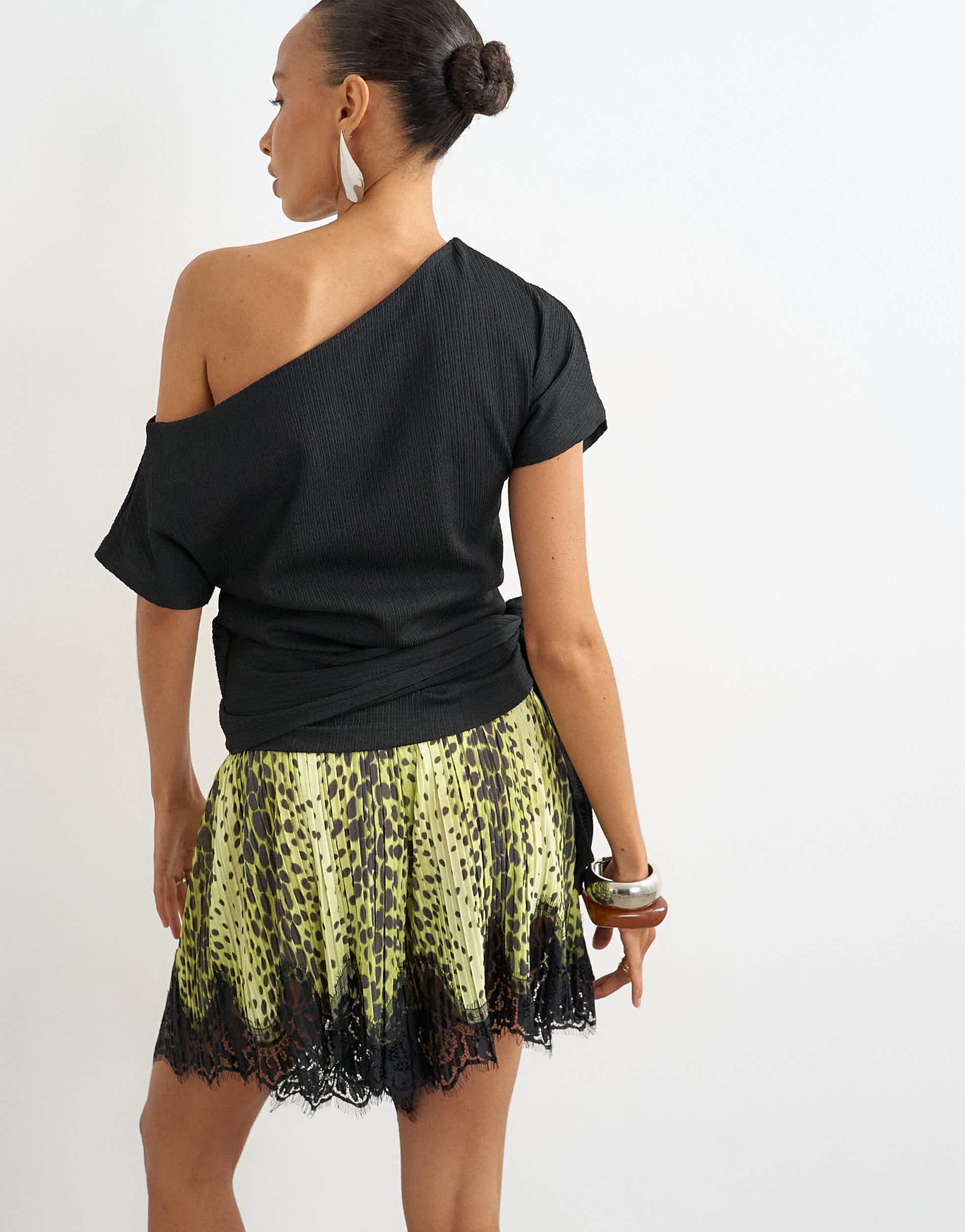 Topshop crinkle off shoulder tie front top in black