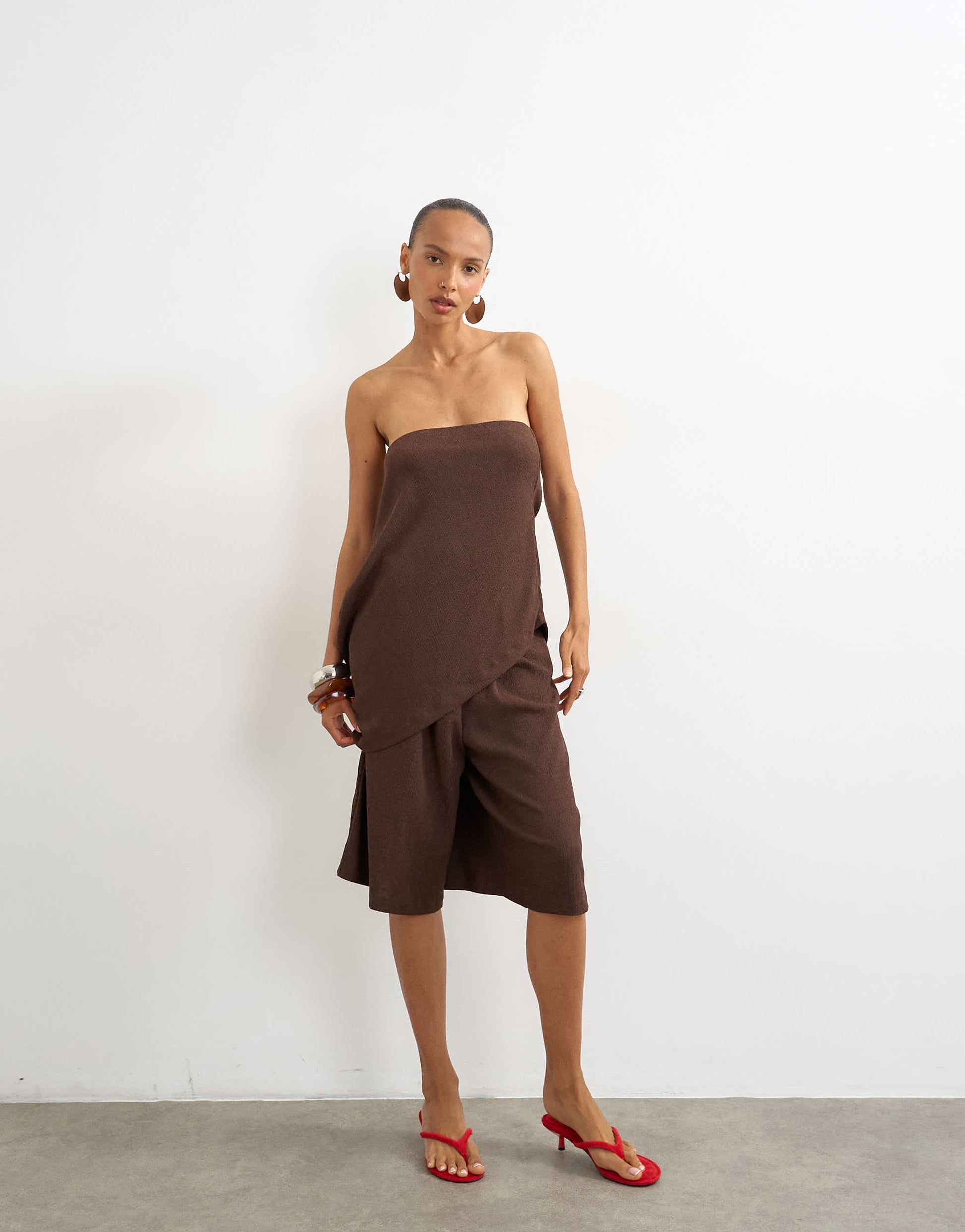 Topshop crinkle long line board shorts in chocolate