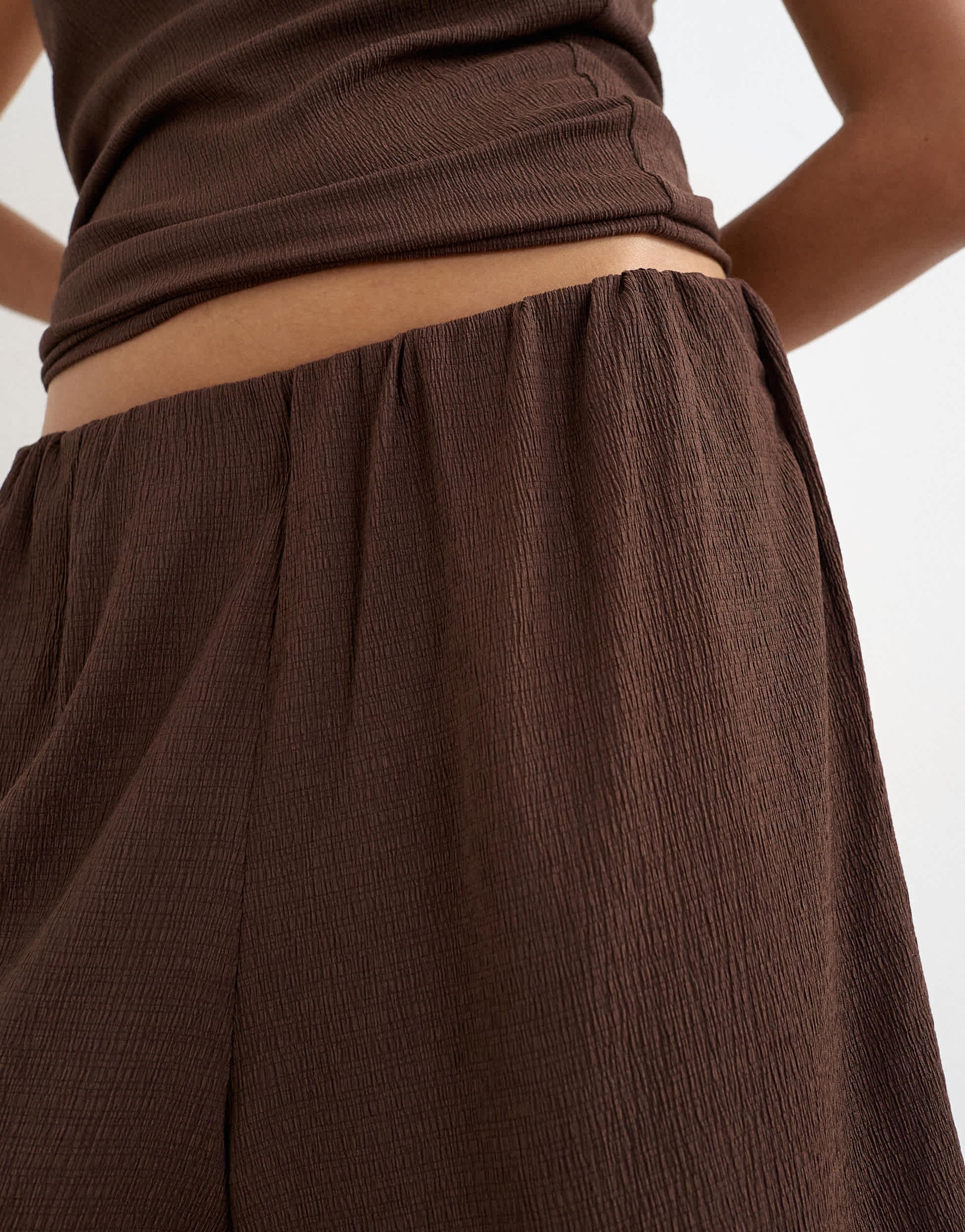 Topshop crinkle long line board shorts in chocolate