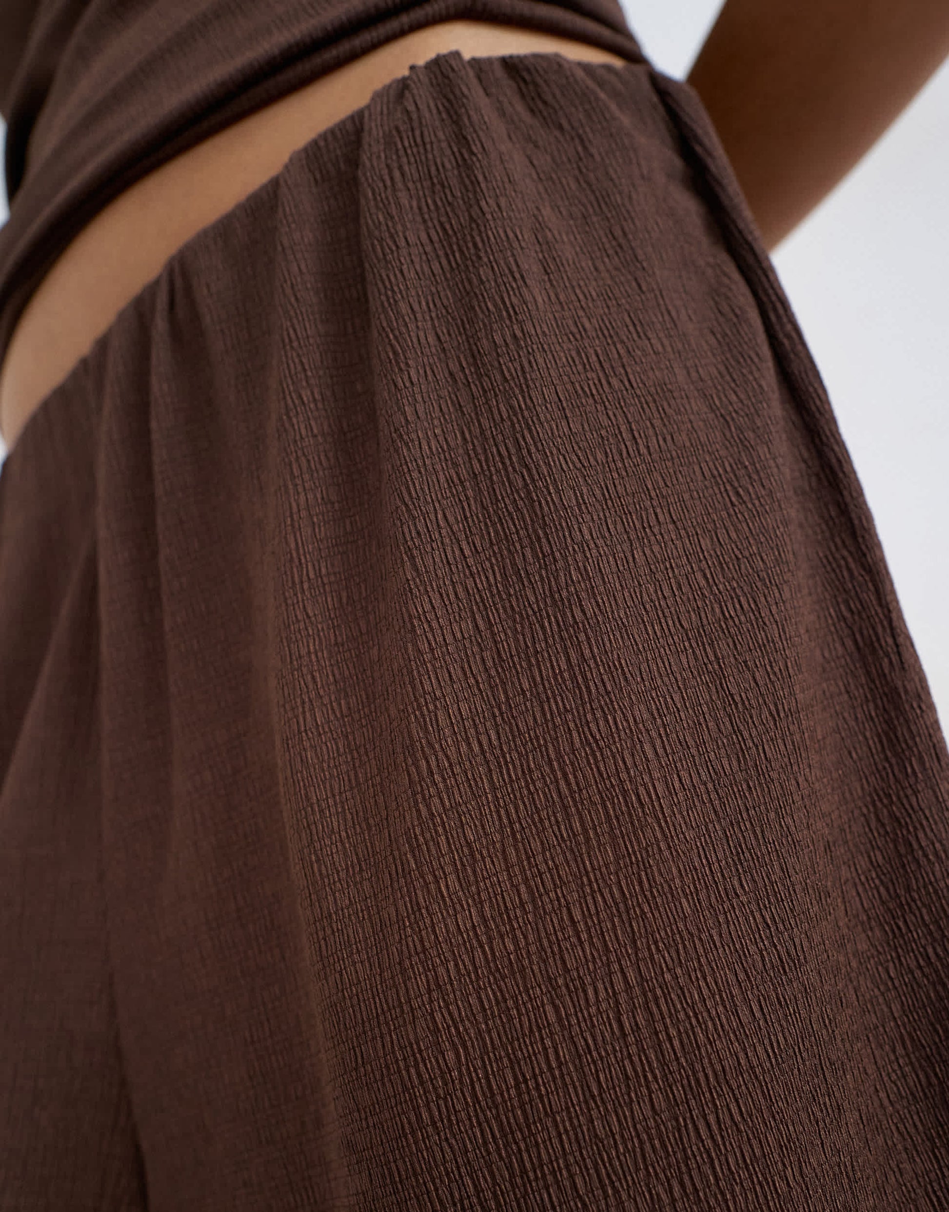 Topshop crinkle long line board shorts in chocolate