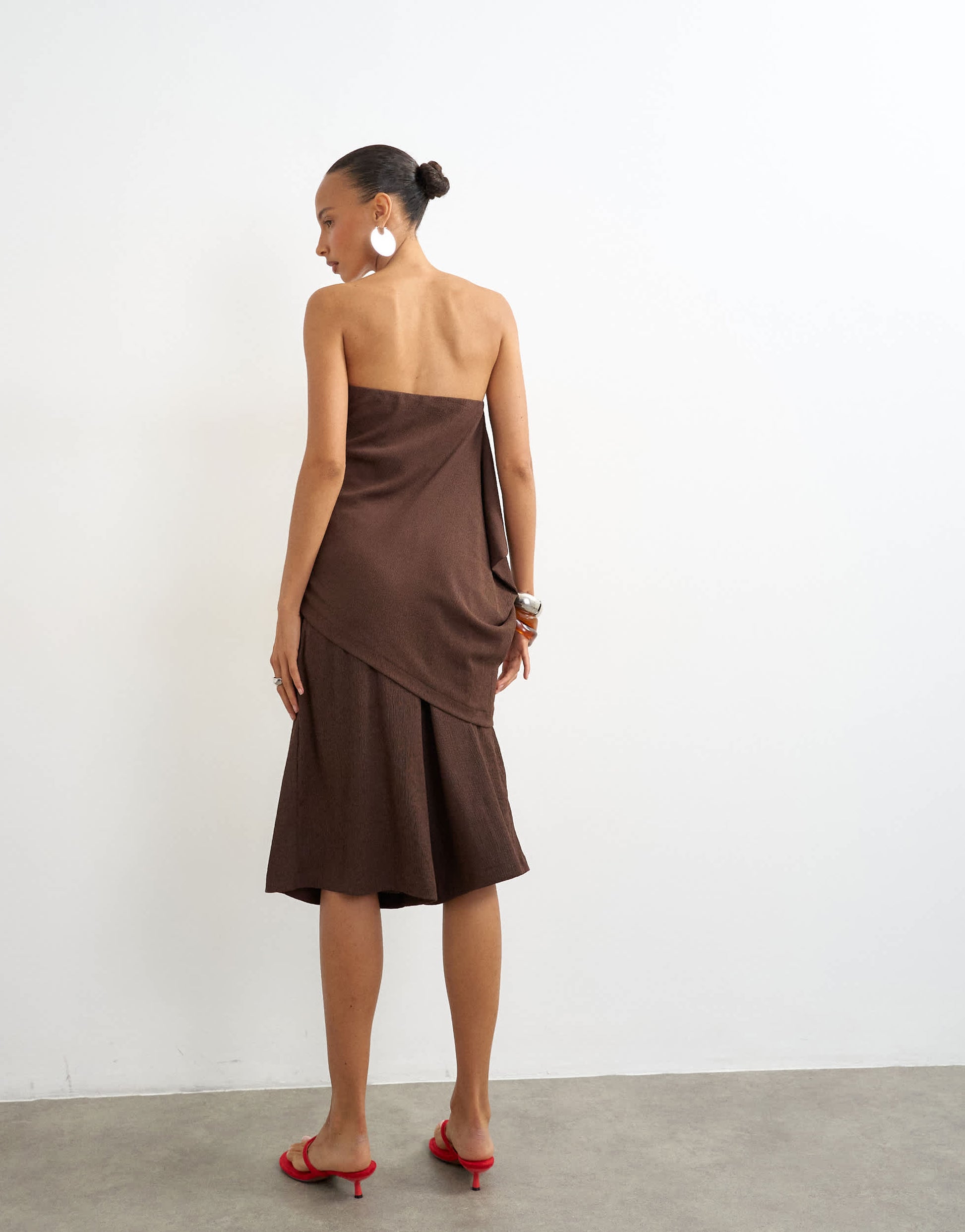 Topshop crinkle long line board shorts in chocolate