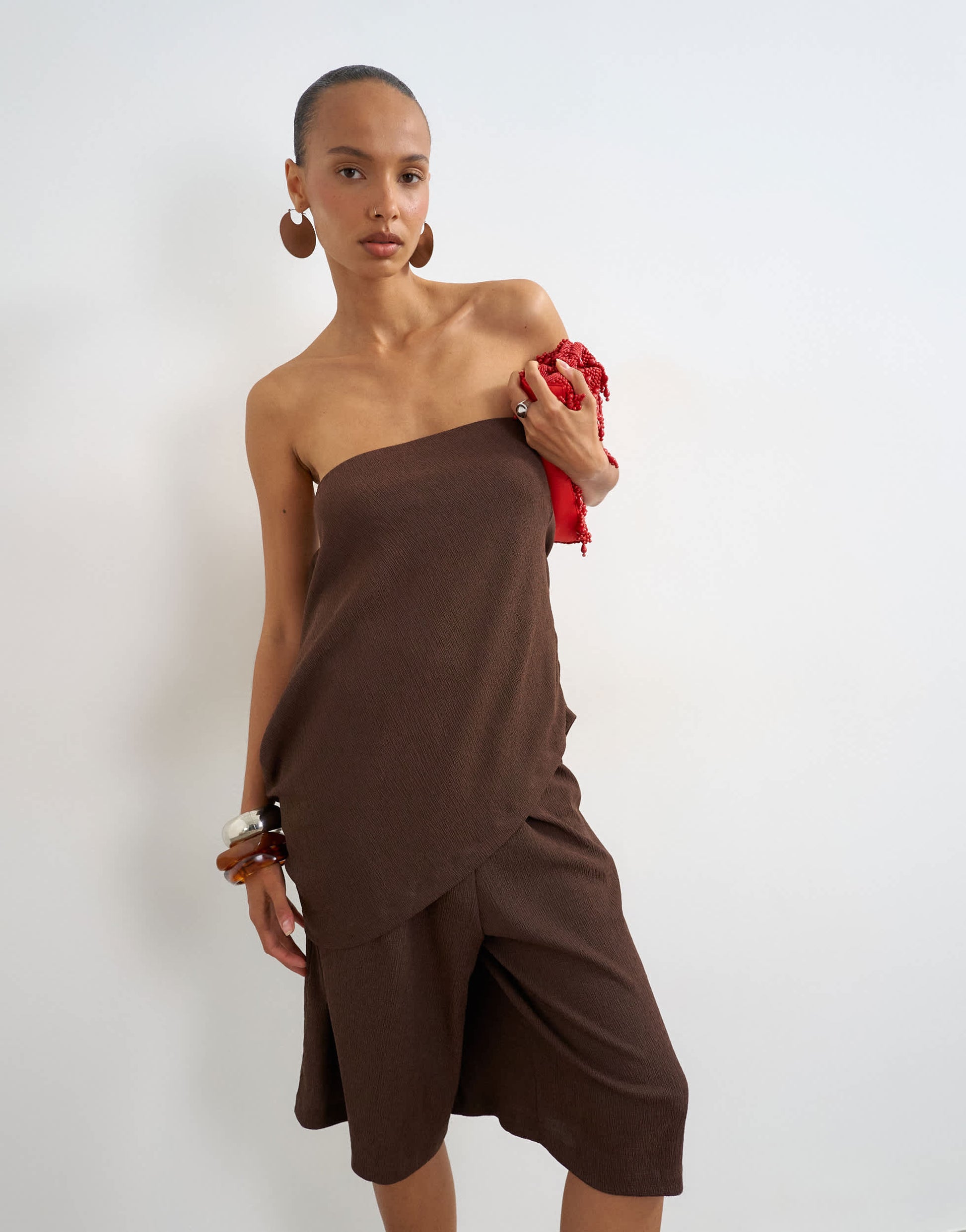 Topshop crinkle asymmetric bandeau in chocolate