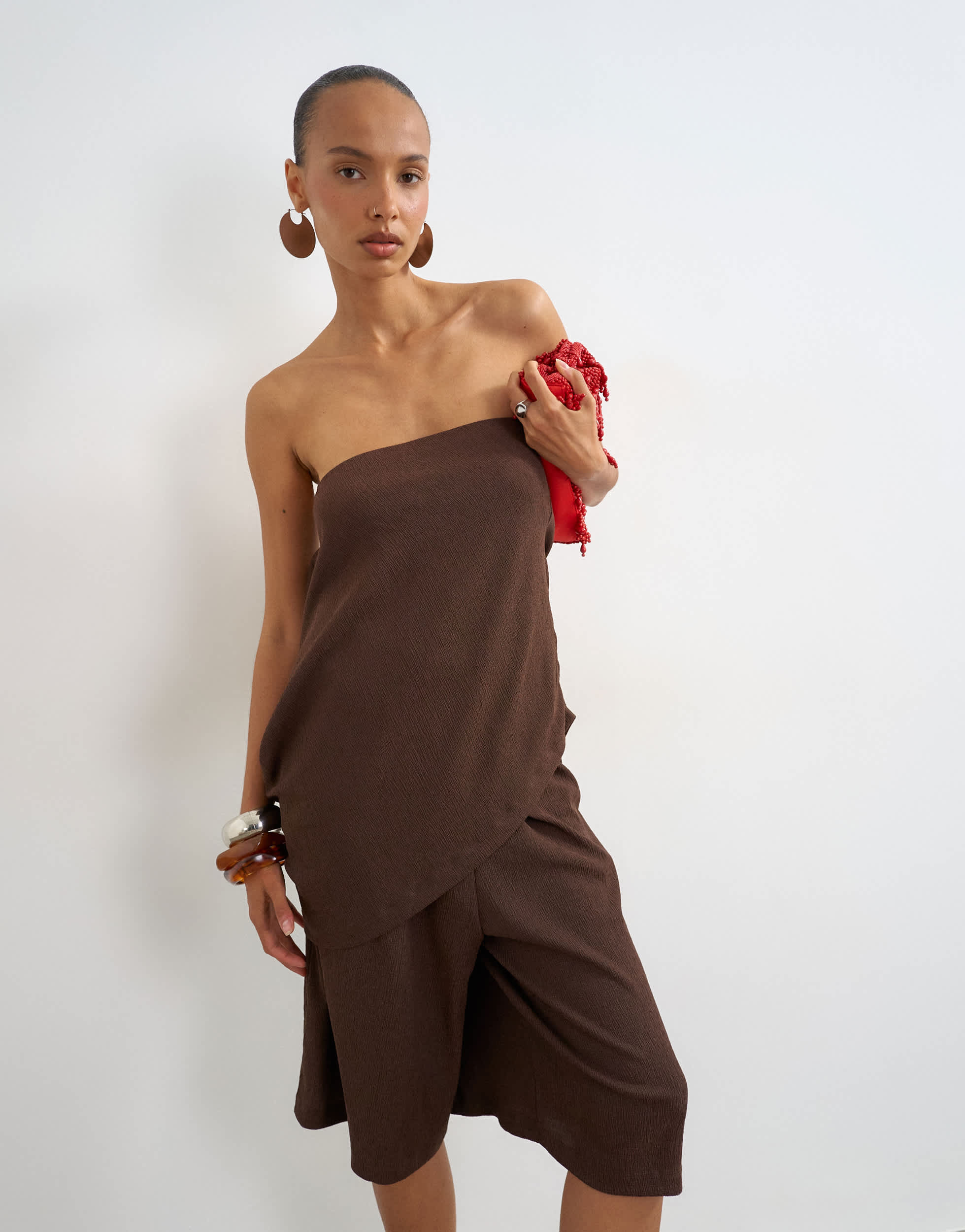 Topshop crinkle asymmetric bandeau in chocolate