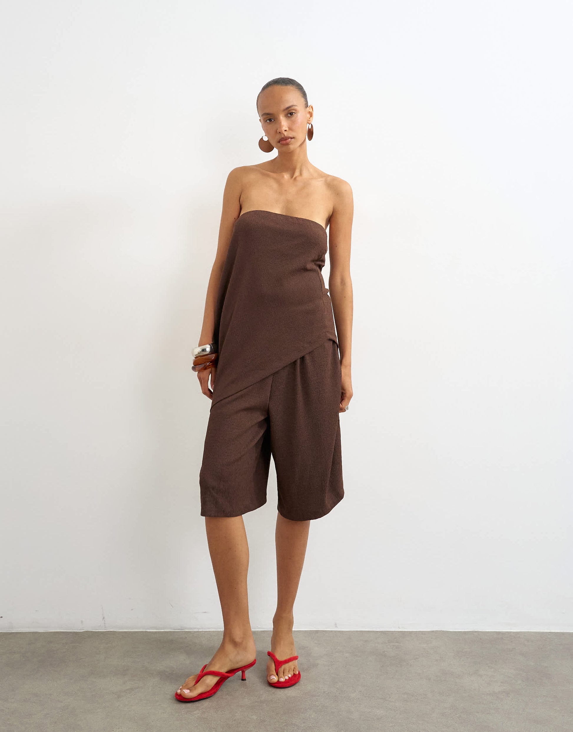 Topshop crinkle asymmetric bandeau in chocolate