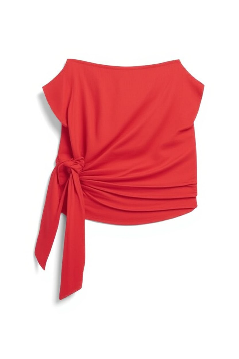 Topshop crinkle off shoulder tie front top in red