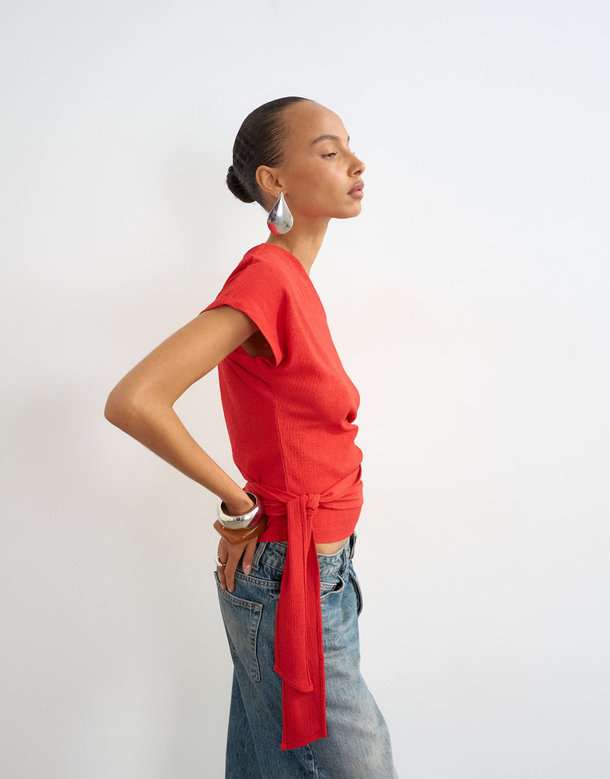 Topshop crinkle off shoulder tie front top in red
