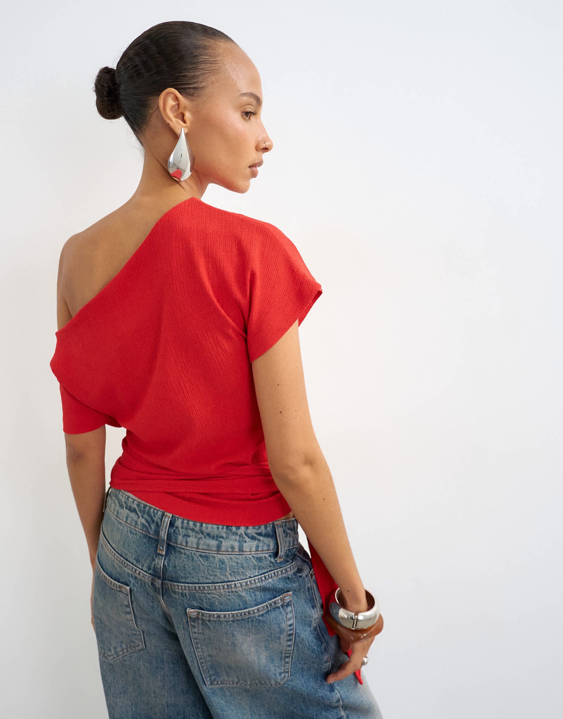 Topshop crinkle off shoulder tie front top in red