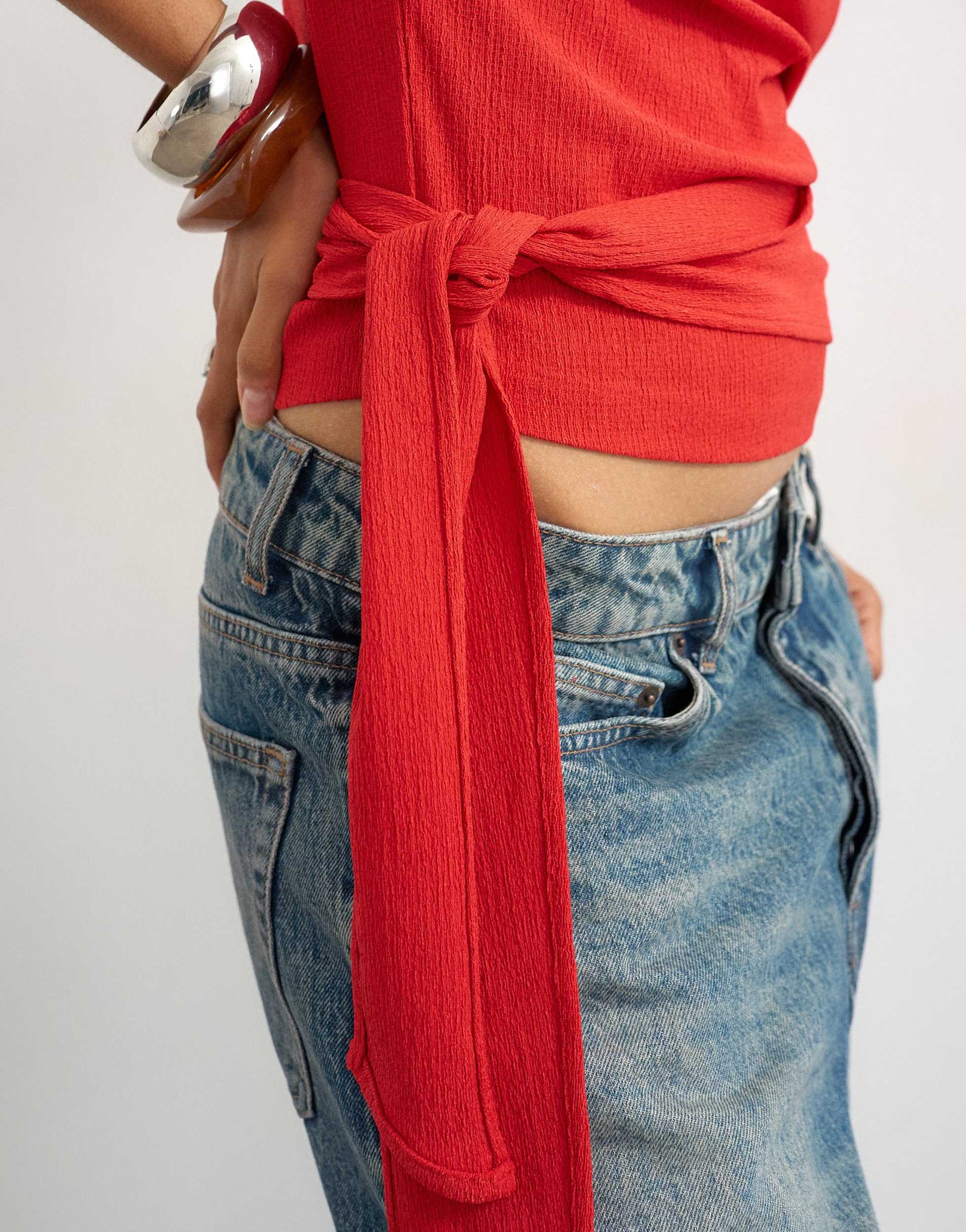 Topshop crinkle off shoulder tie front top in red