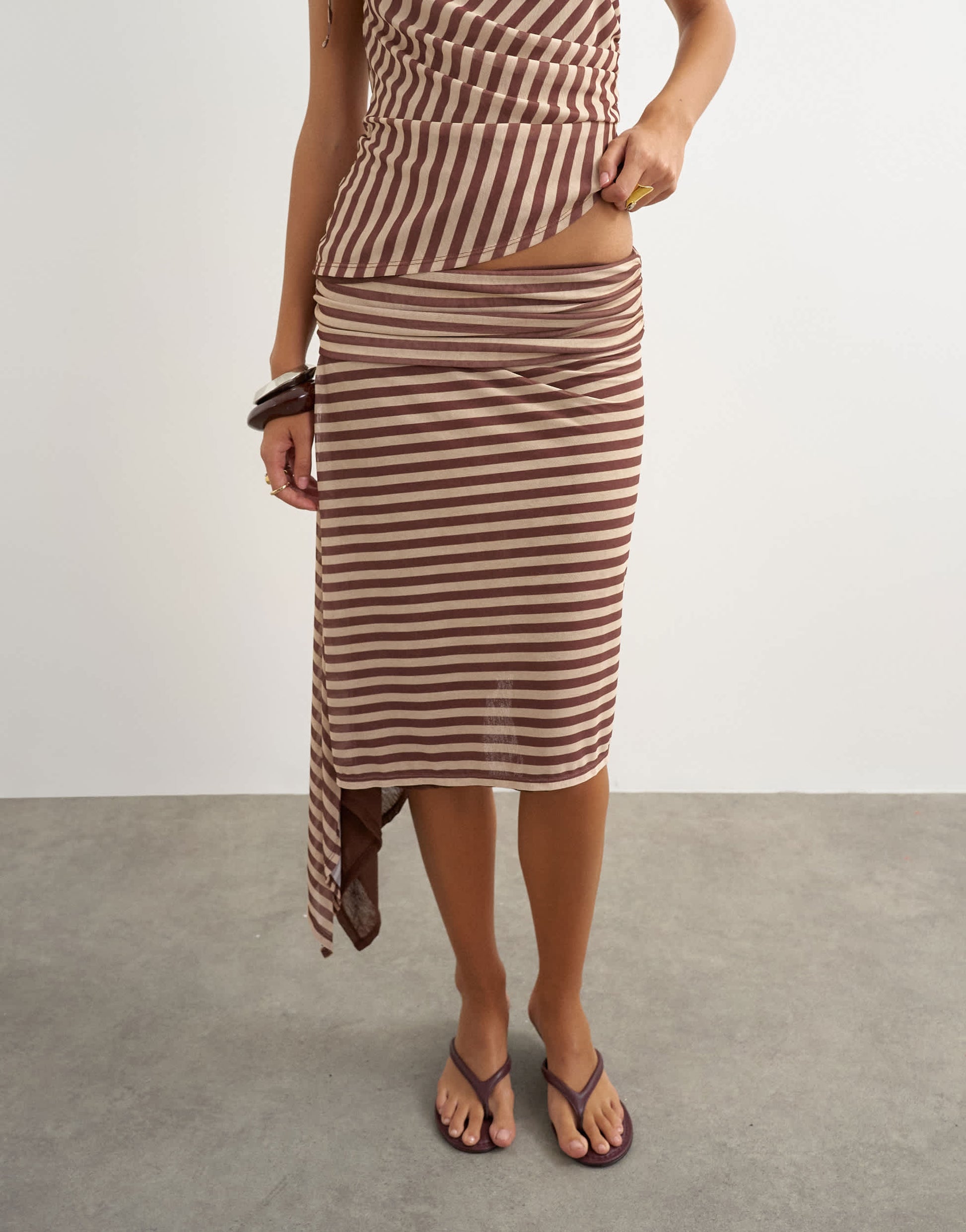 Topshop stripe asymmetric skirt in brown
