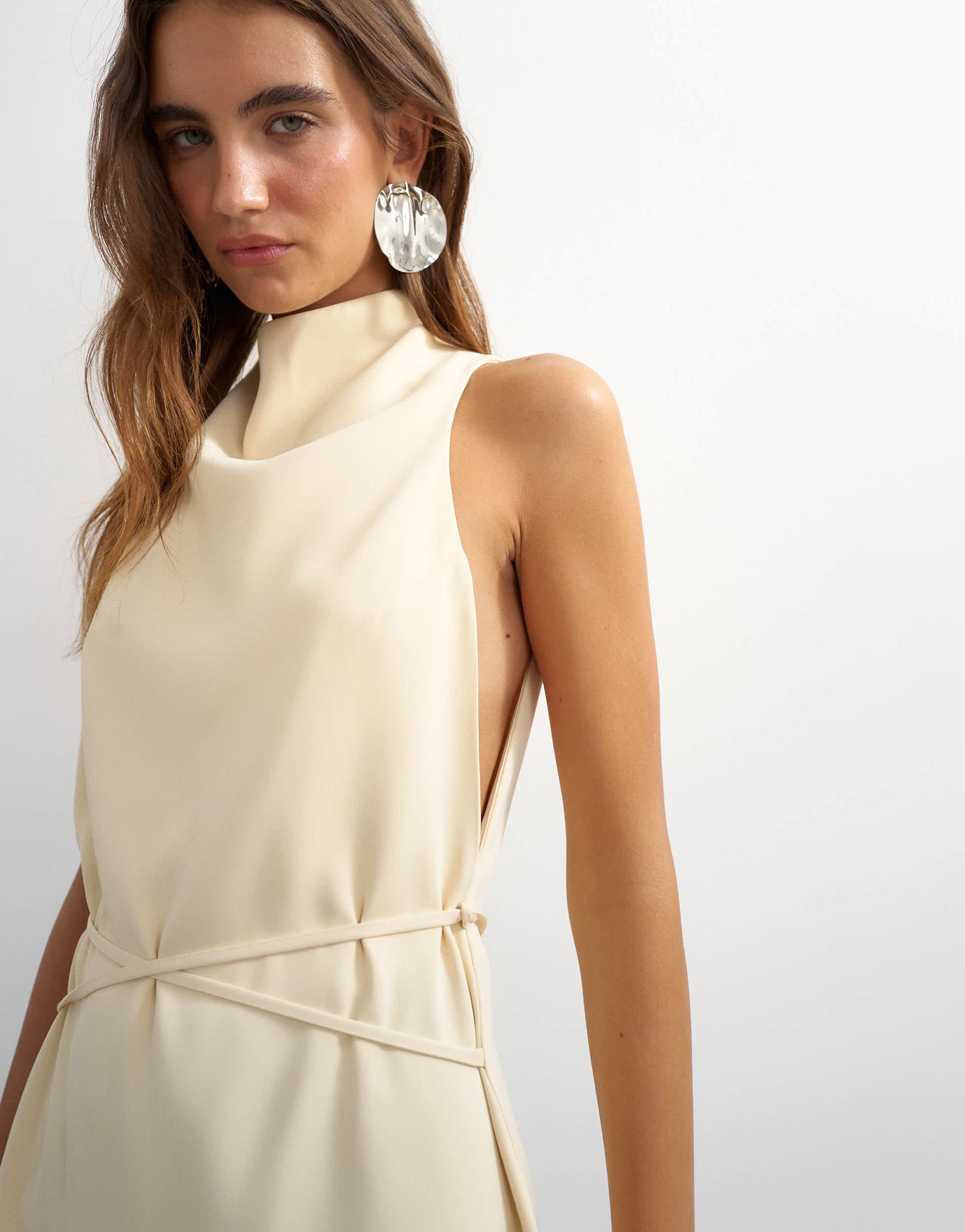 Topshop heavy crepe high cowl neck mini dress with tie waist in cream
