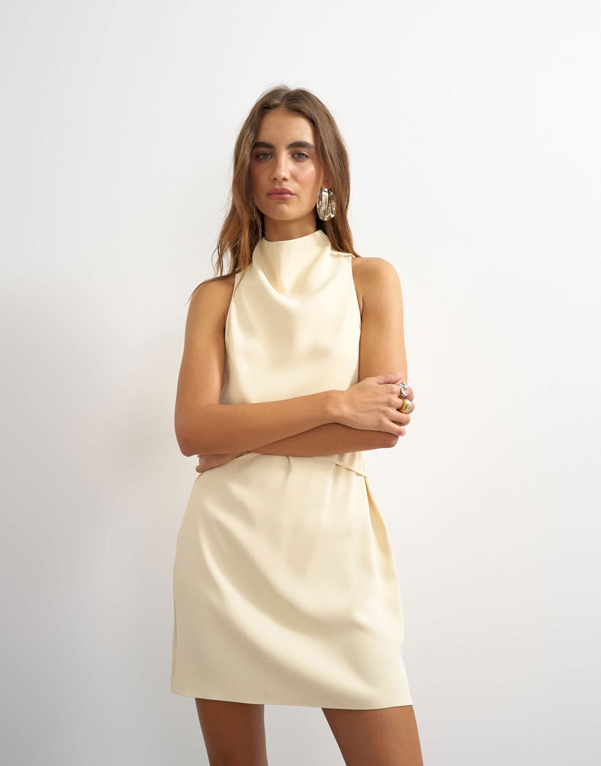 Topshop heavy crepe high cowl neck mini dress with tie waist in cream