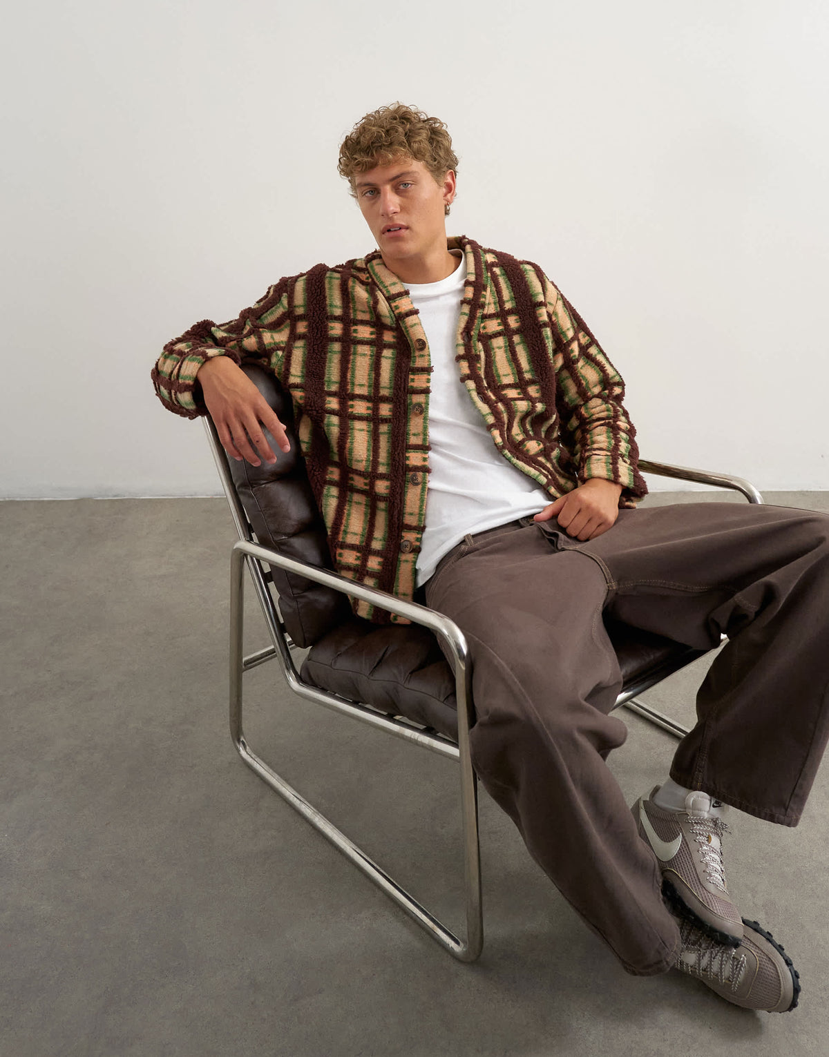 Topman boxy fit borg check cardigan in brown