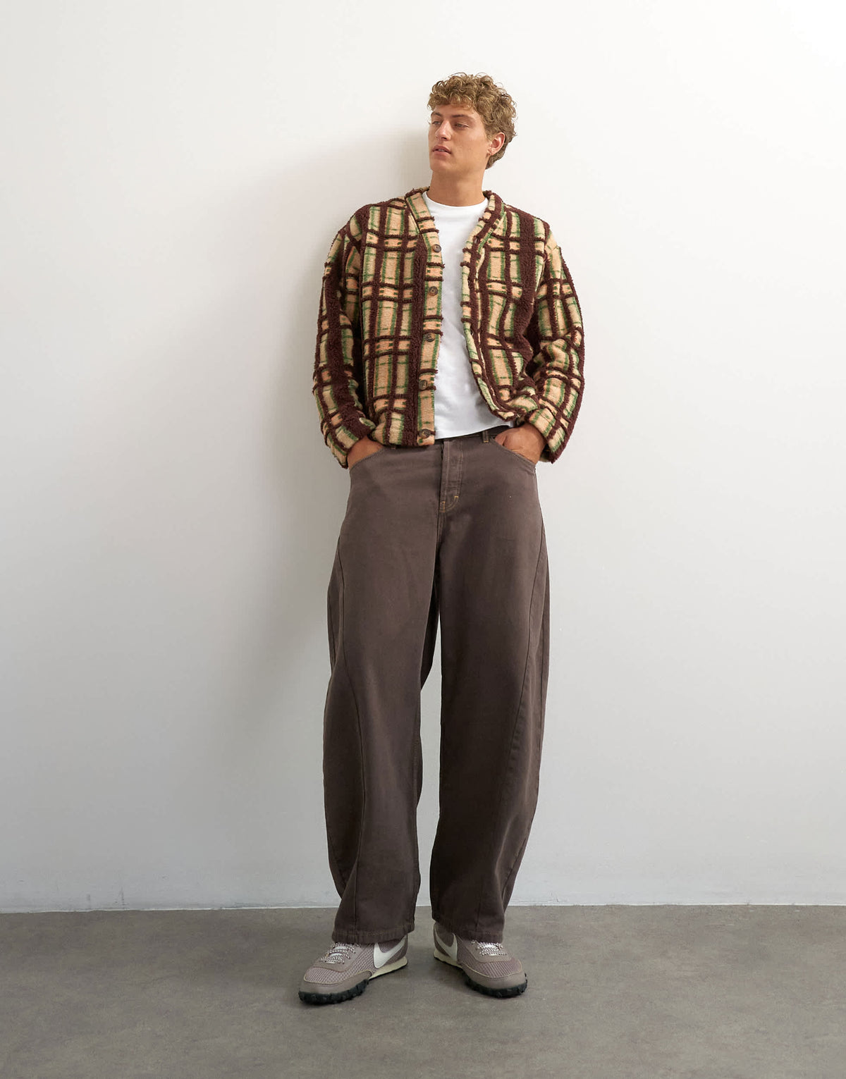 Topman boxy fit borg check cardigan in brown