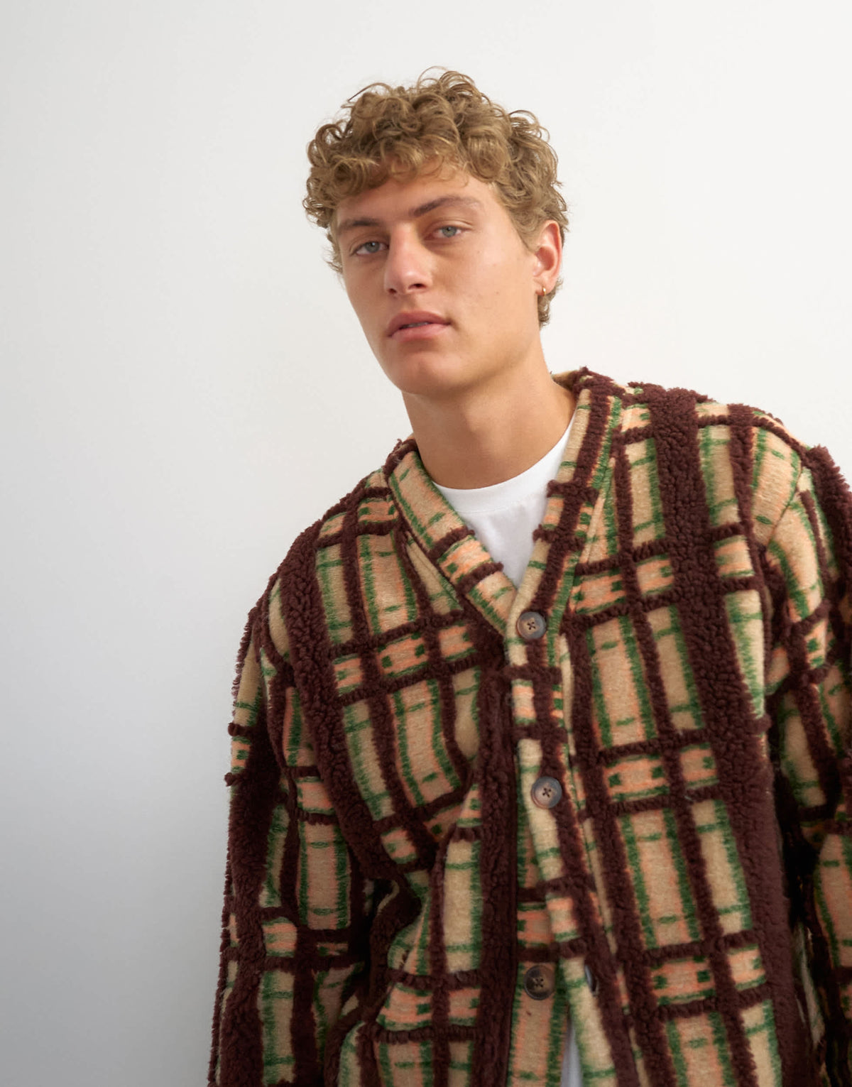 Topman boxy fit borg check cardigan in brown