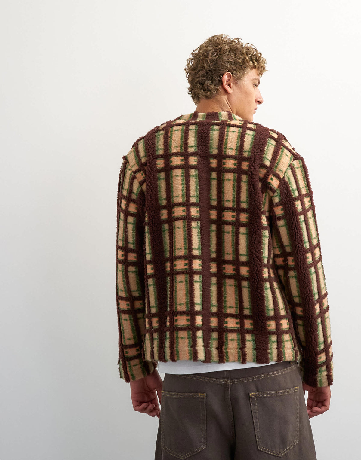 Topman boxy fit borg check cardigan in brown