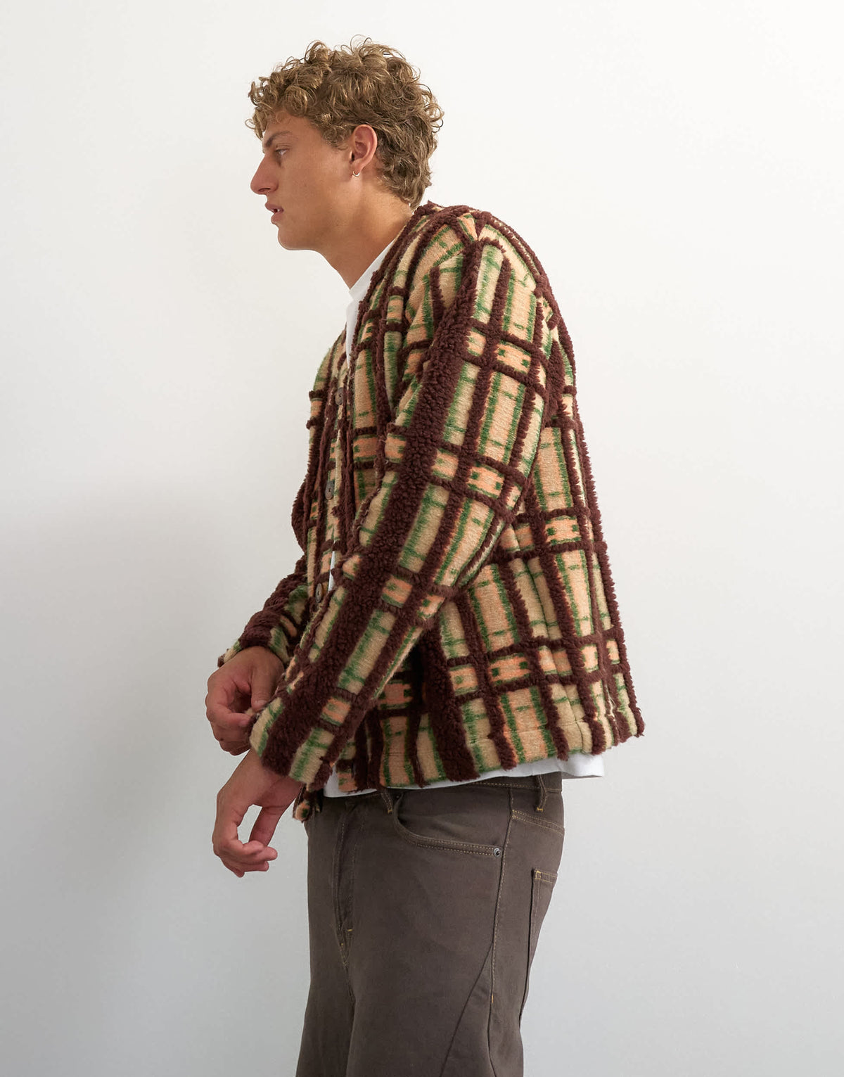 Topman boxy fit borg check cardigan in brown