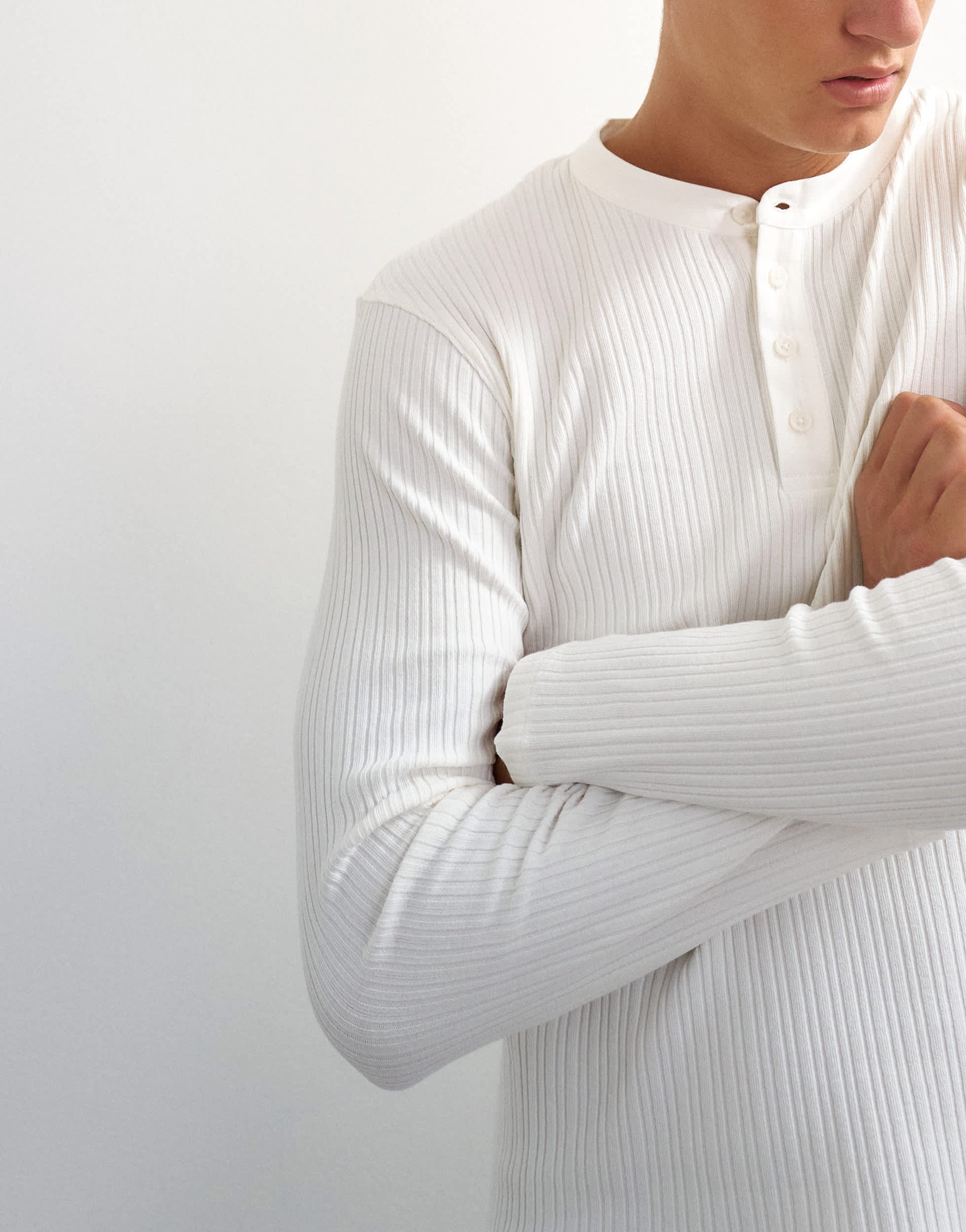 Topman premium regular fit long sleeve textured henley with woven placket in ecru