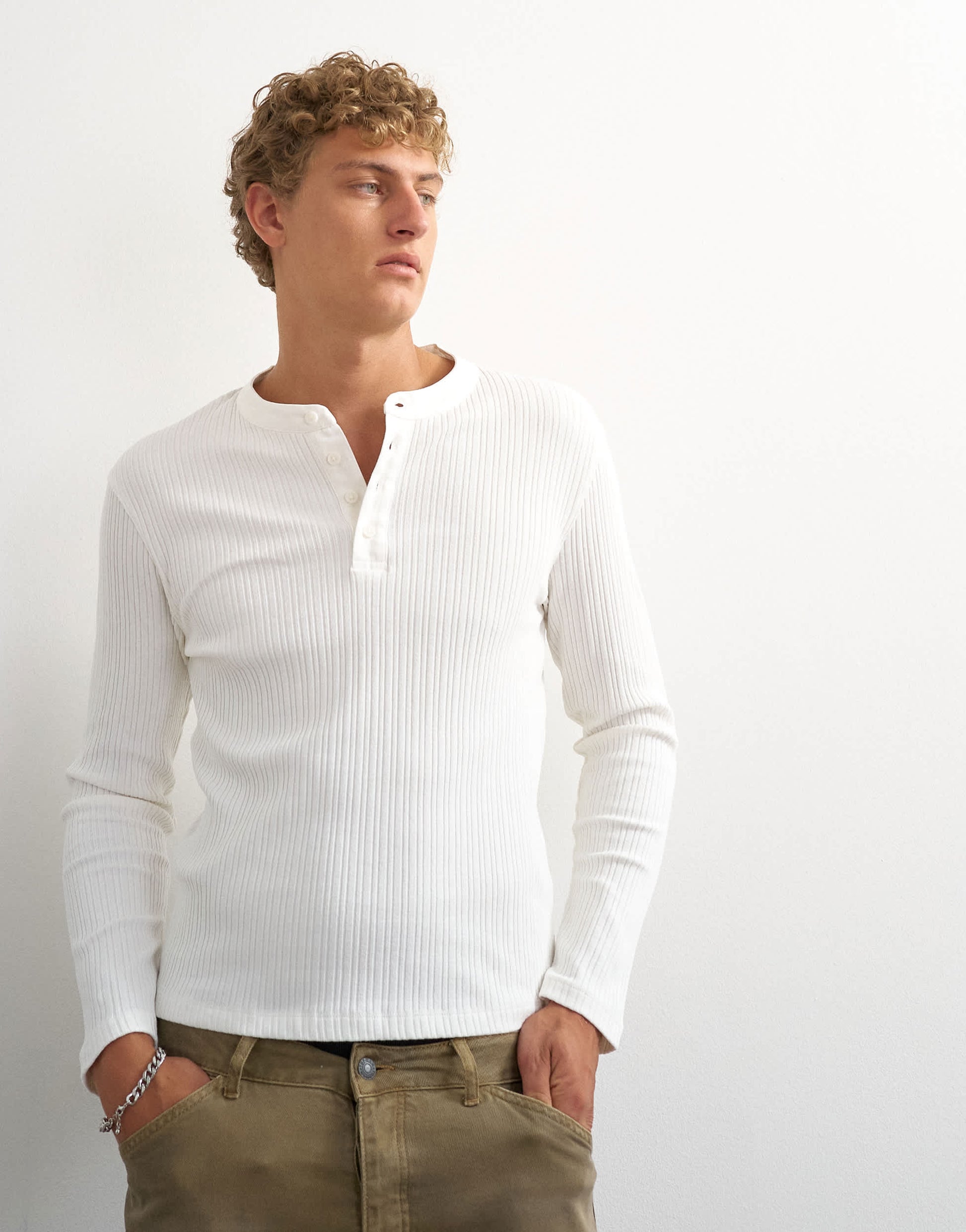 Topman premium regular fit long sleeve textured henley with woven placket in ecru