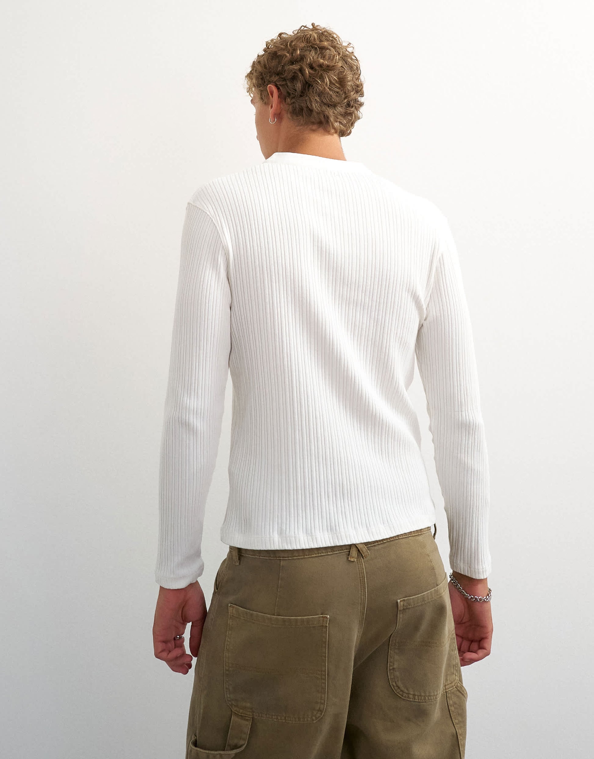 Topman premium regular fit long sleeve textured henley with woven placket in ecru