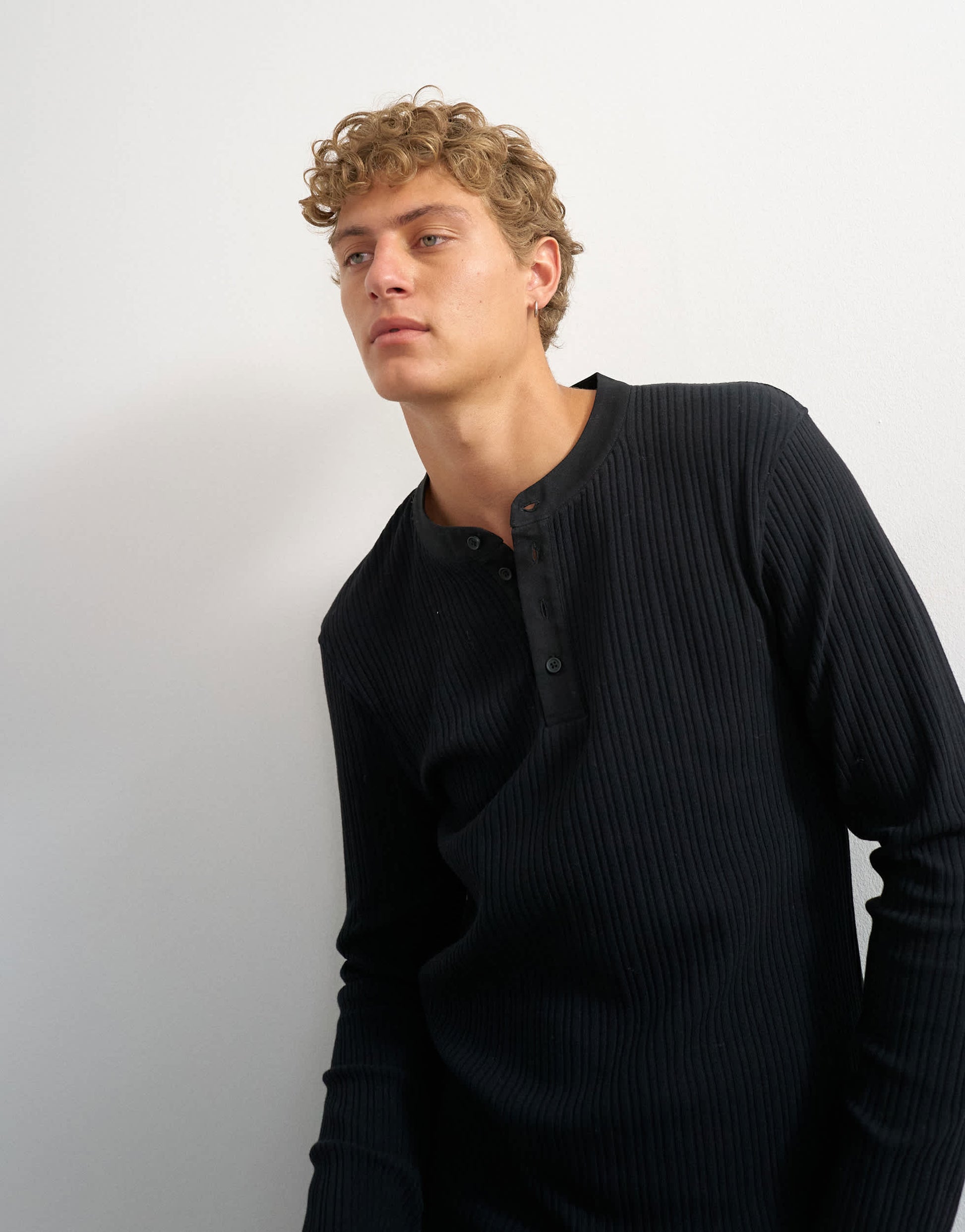 Topman premium classic fit long sleeve textured henley with woven placket in black