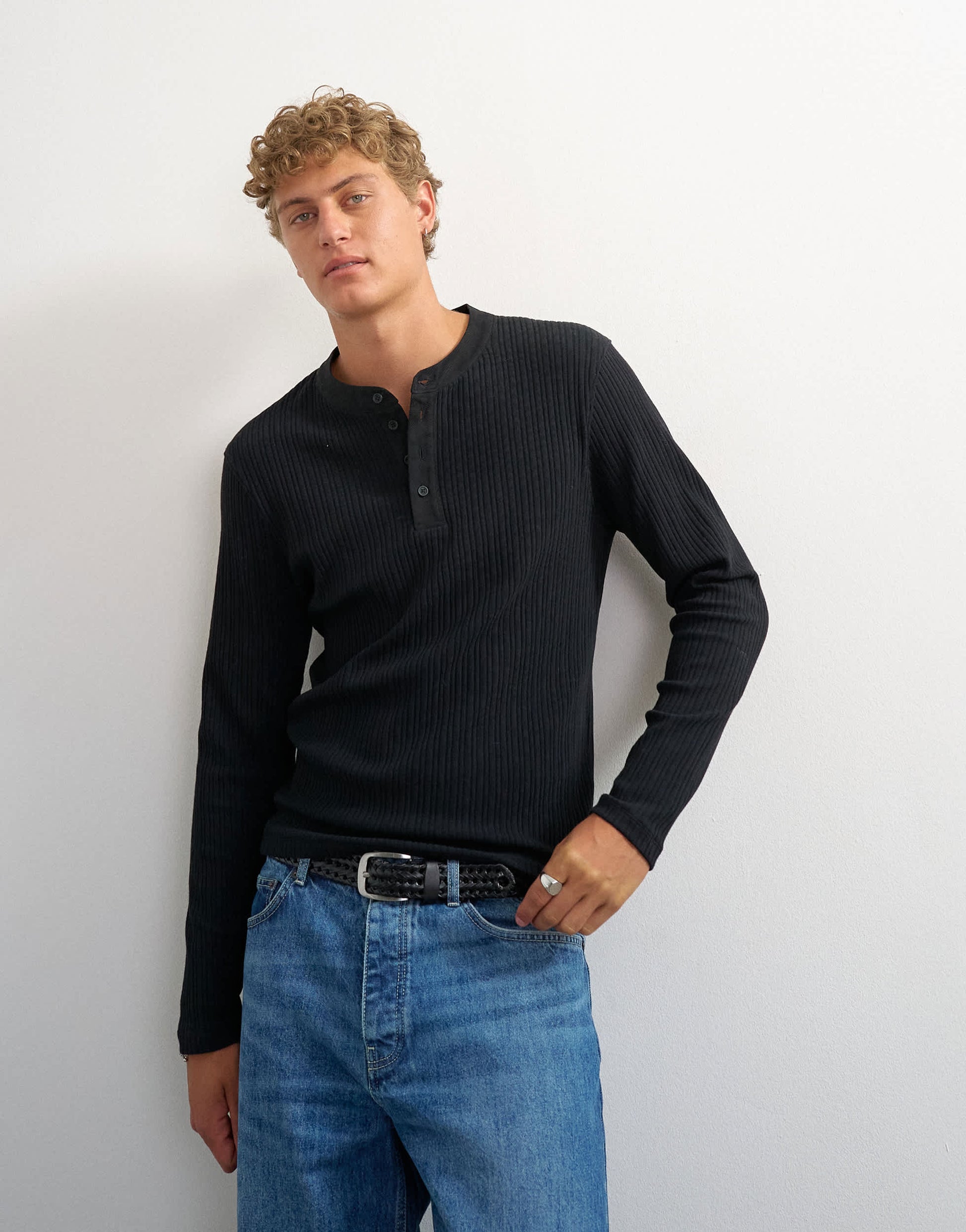 Topman premium classic fit long sleeve textured henley with woven placket in black