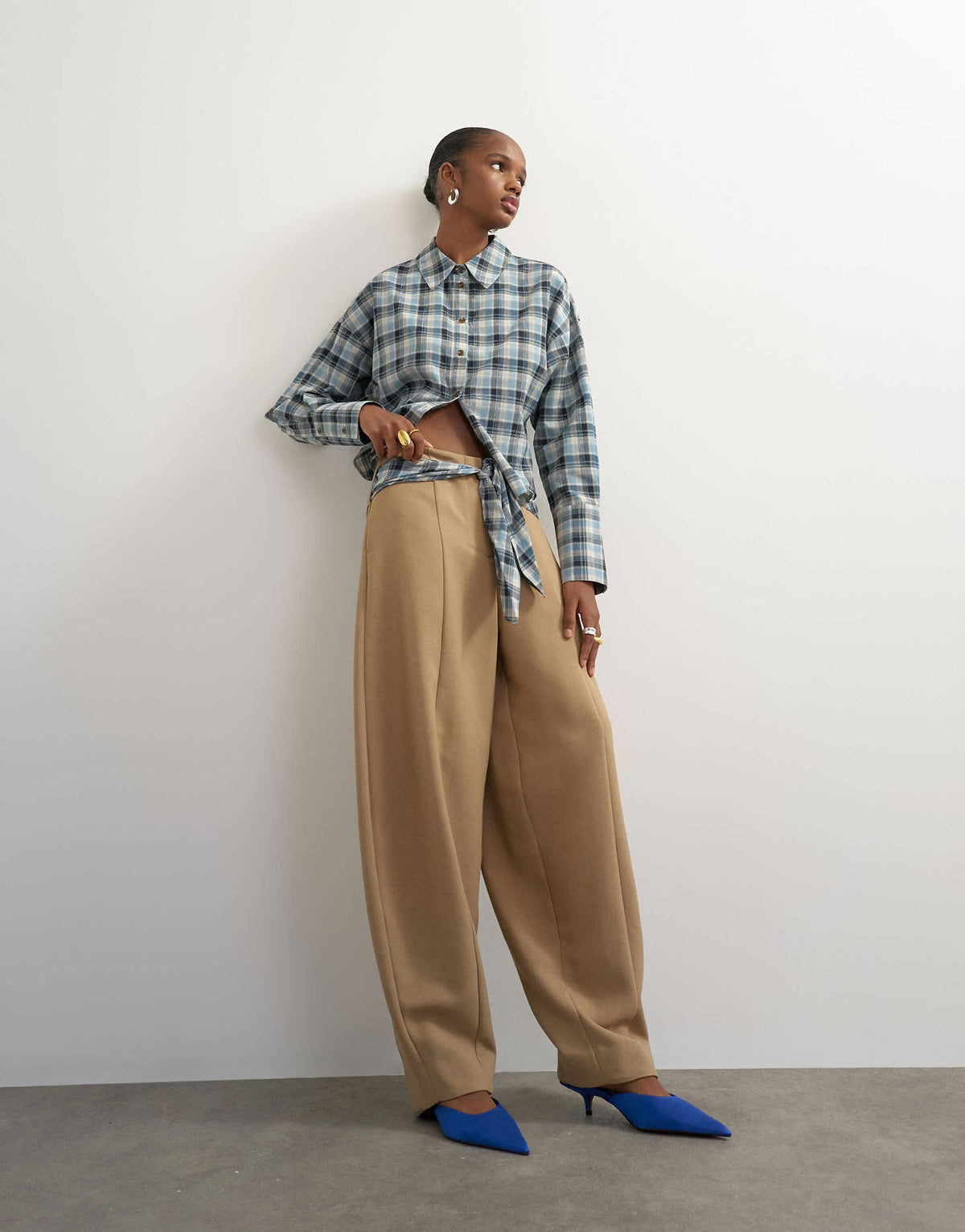 Topshop co ord contrast check wrap barrel trouser in brown 
