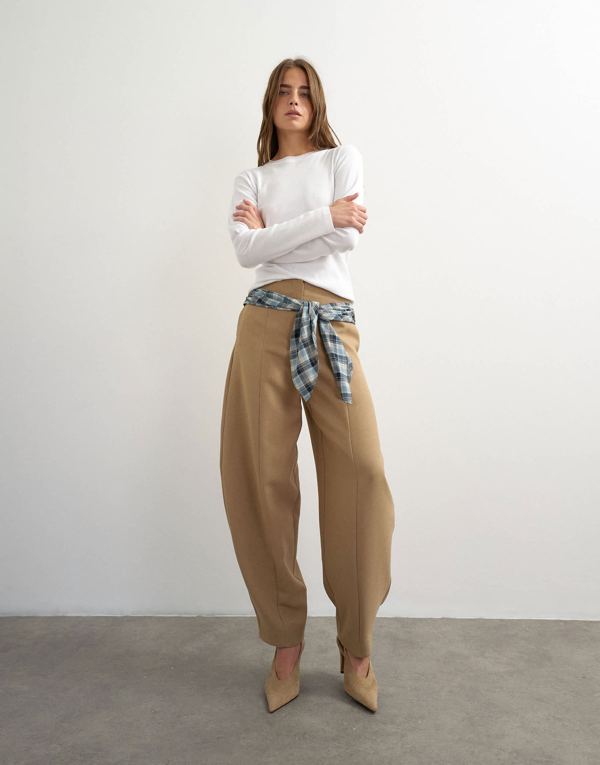 Topshop co ord contrast check wrap barrel trouser in navy