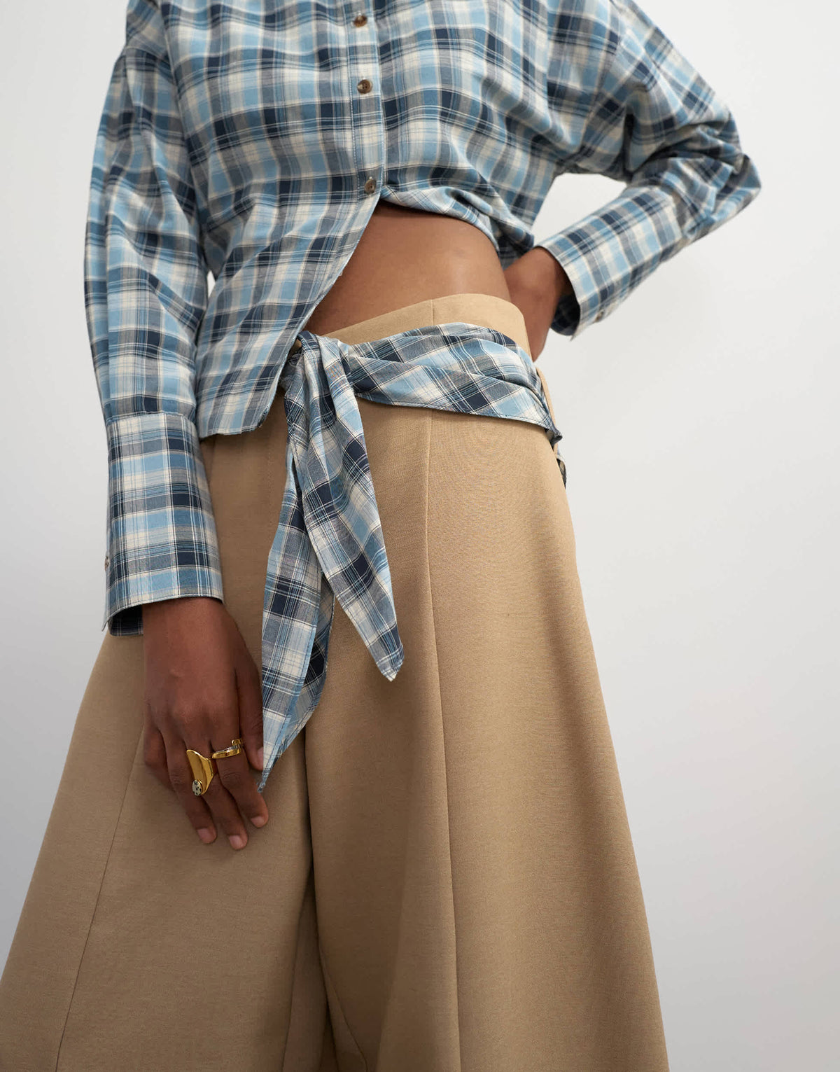 Topshop co ord contrast check wrap barrel trouser in brown 