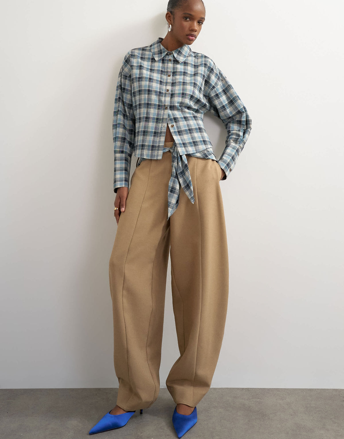 Topshop co ord contrast check wrap barrel trouser in brown 