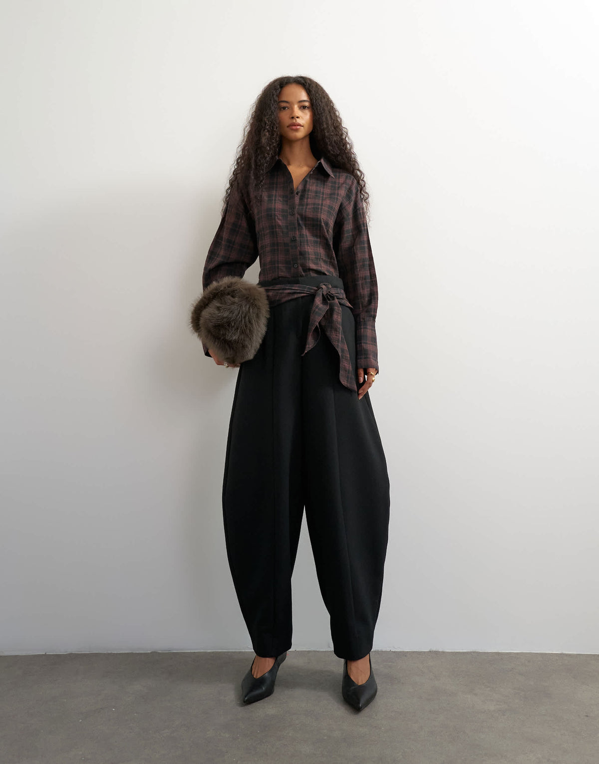 Topshop co ord contrast check wrap barrel trouser in black