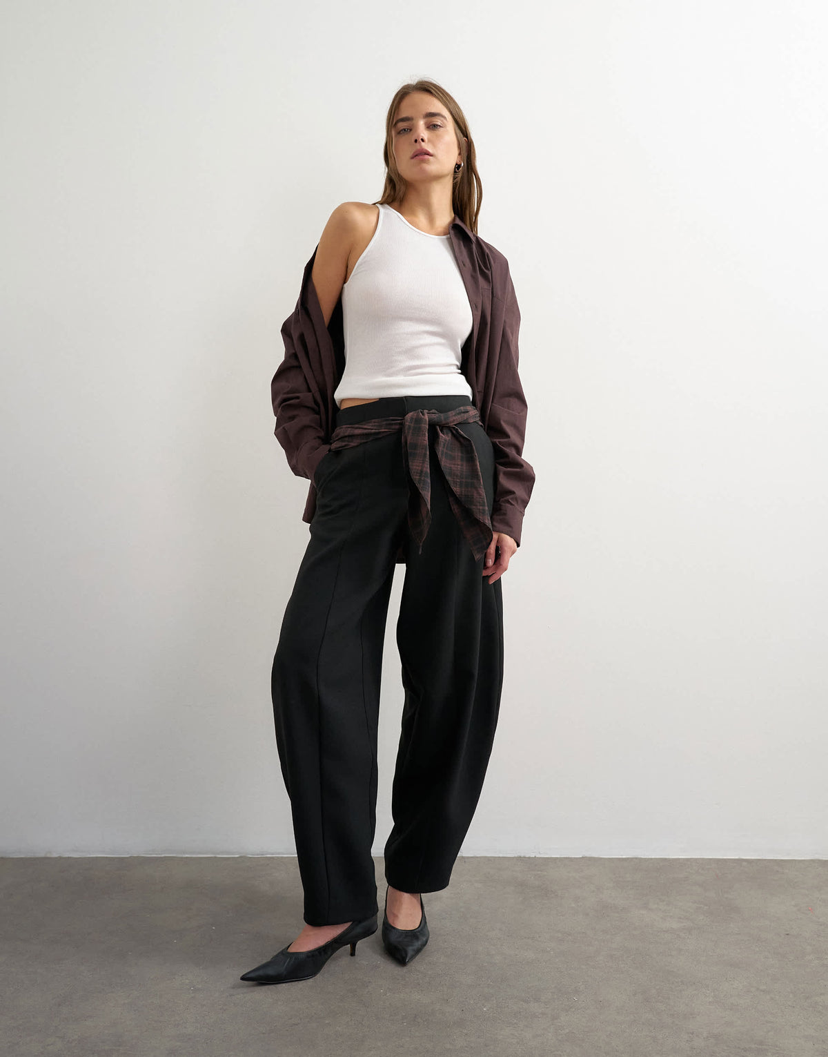 Topshop co ord contrast check wrap barrel trouser in brown