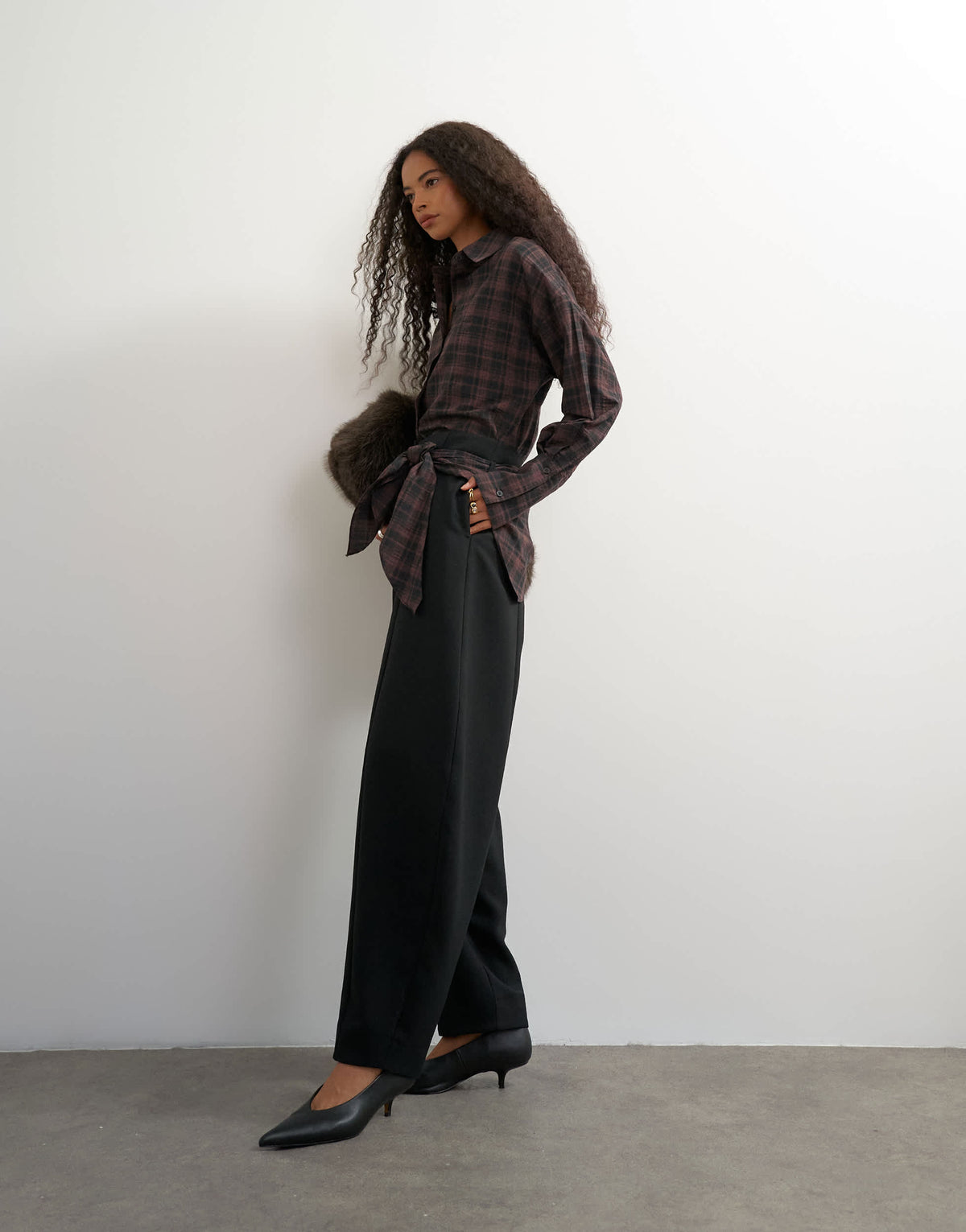 Topshop co ord contrast check wrap barrel trouser in black