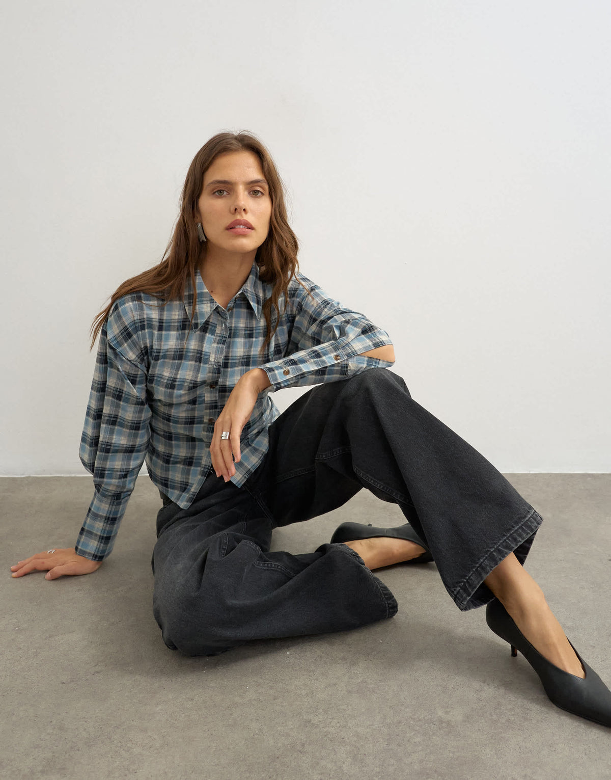 Topshop co ord cinch check shirt in navy