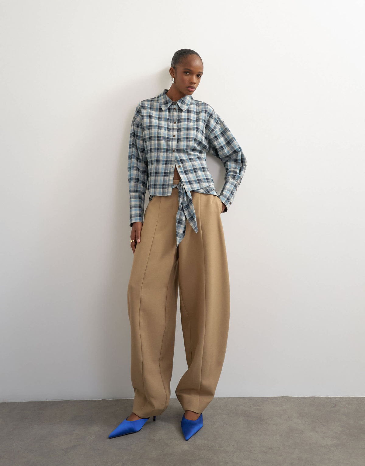 Topshop co ord cinch check shirt in navy