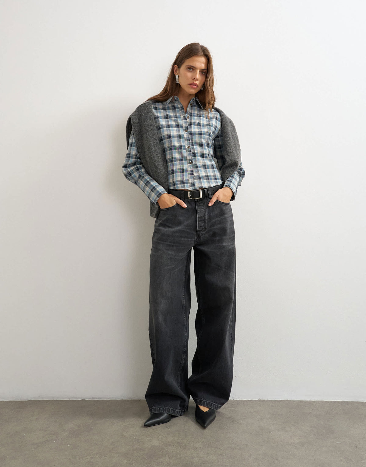Topshop co ord cinch check shirt in navy