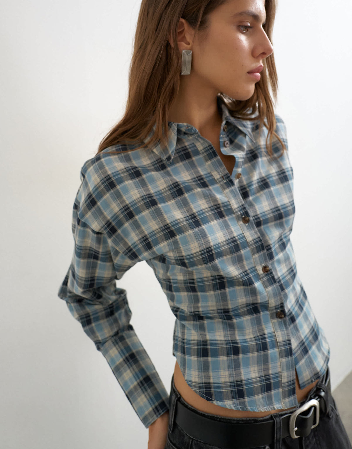Topshop co ord cinch check shirt in navy