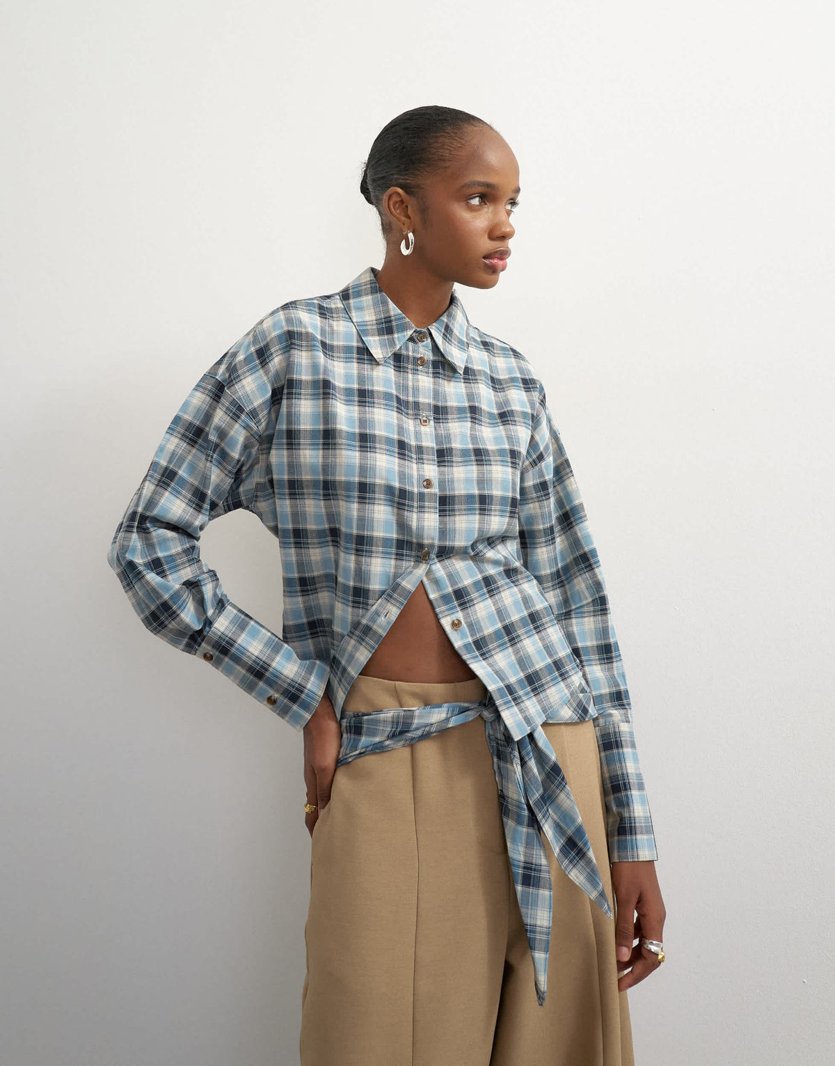 Topshop co ord cinch check shirt in navy