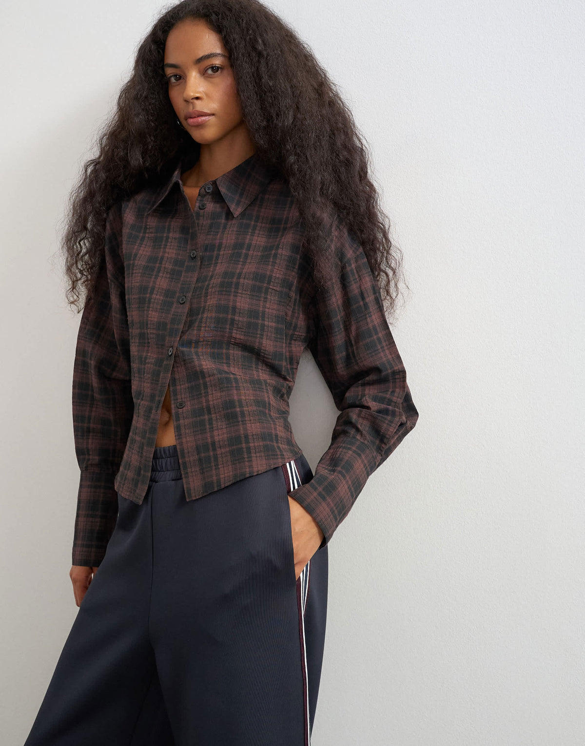Topshop co ord cinch check shirt in brown