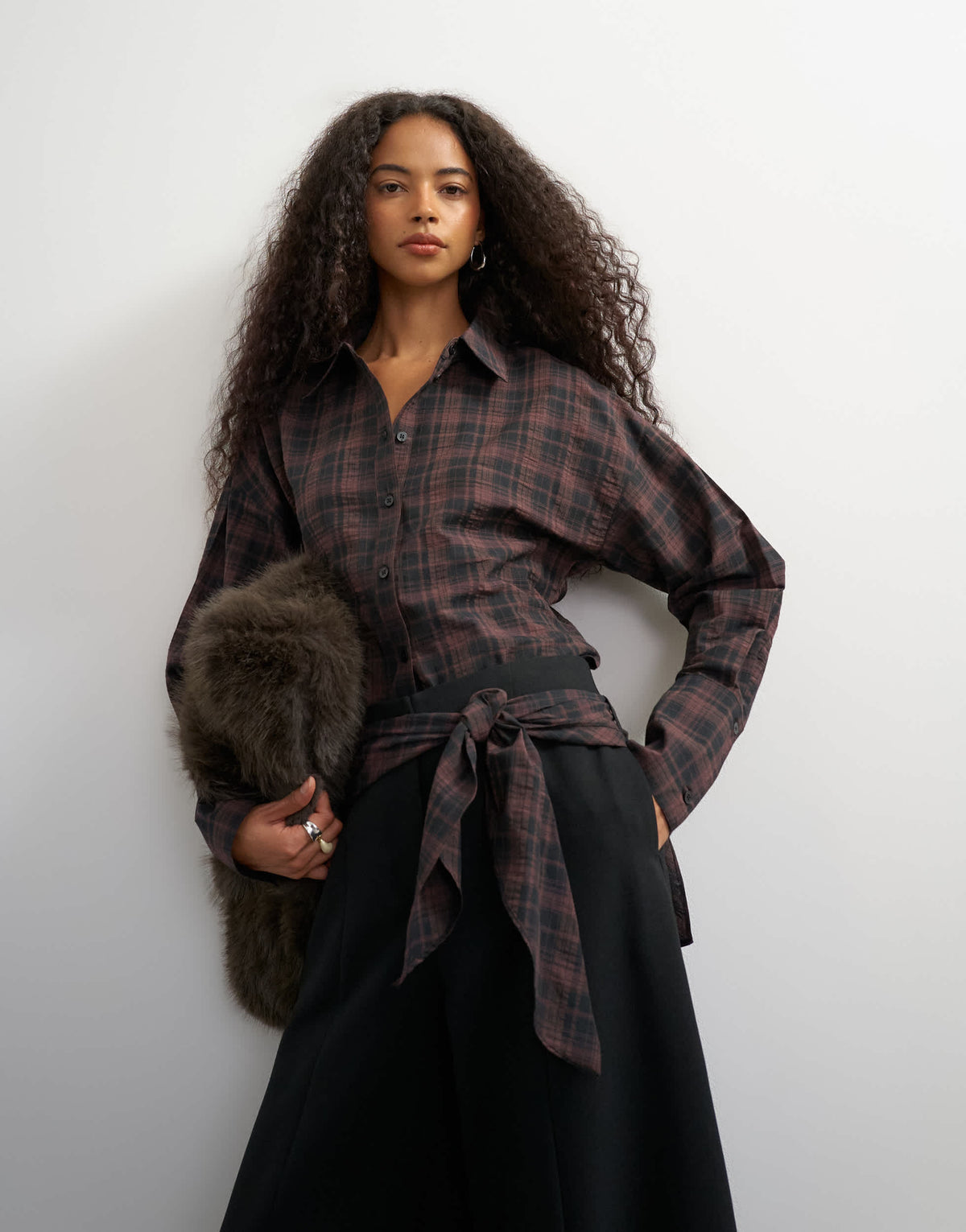 Topshop co ord cinch check shirt in brown