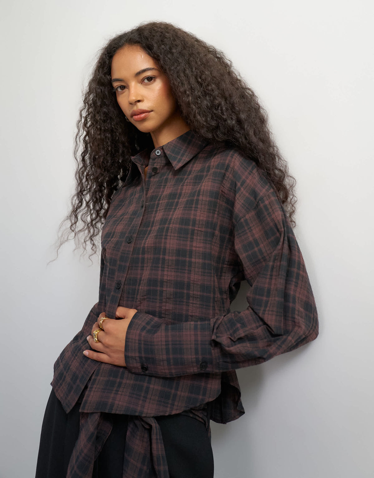 Topshop co ord cinch check shirt in brown