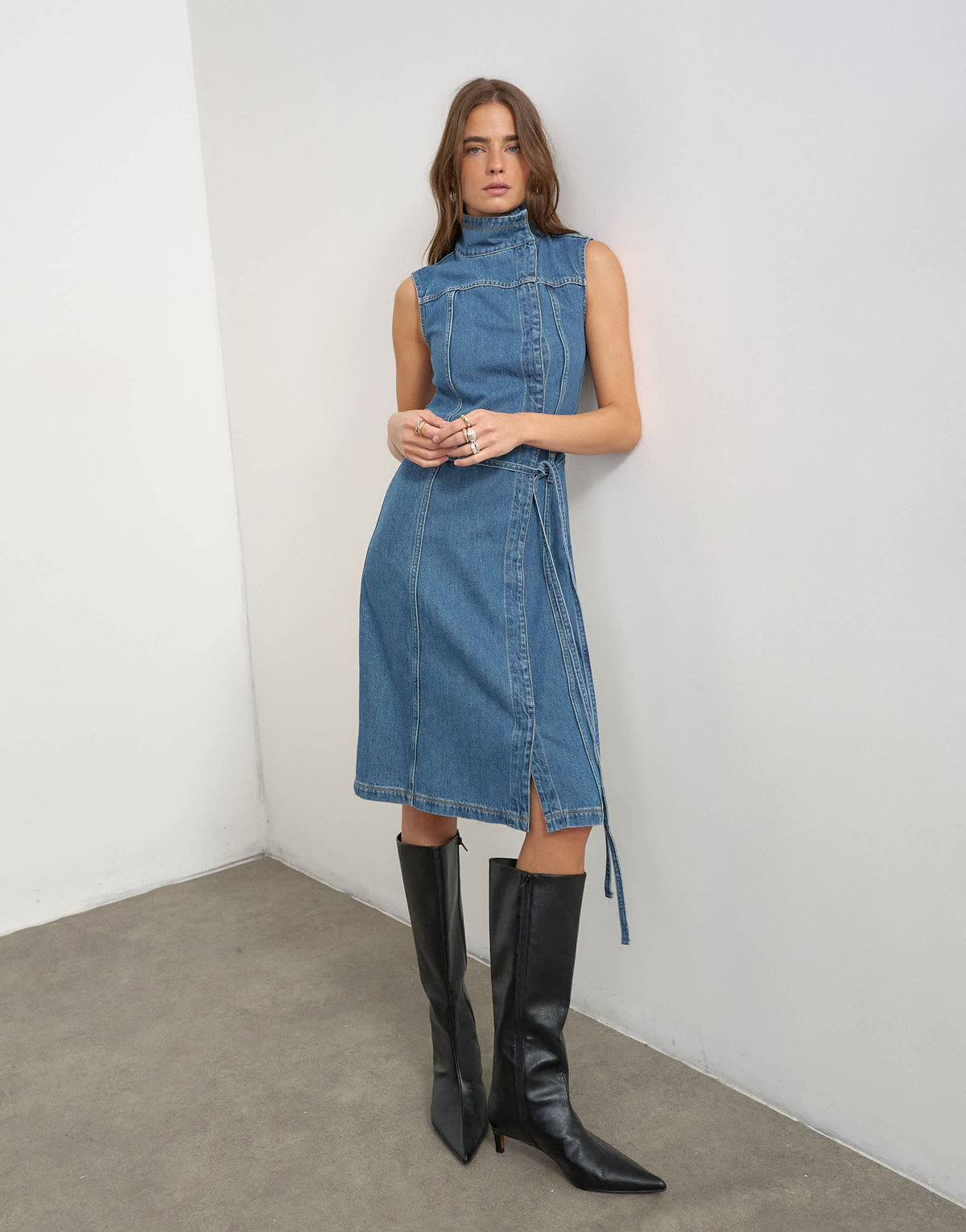Topshop denim funnel neck midi dress in mid blue