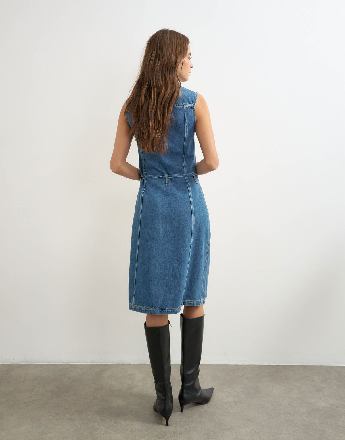 Topshop denim funnel neck midi dress in mid blue