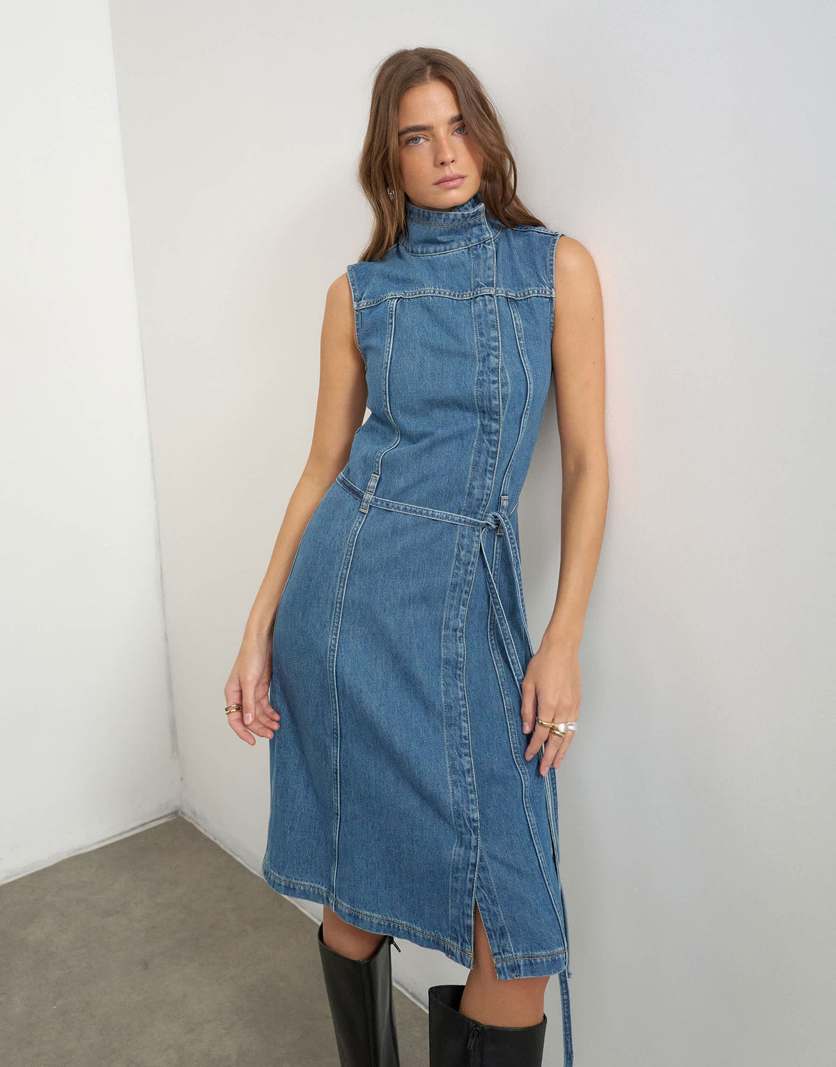 Topshop denim funnel neck midi dress in mid blue