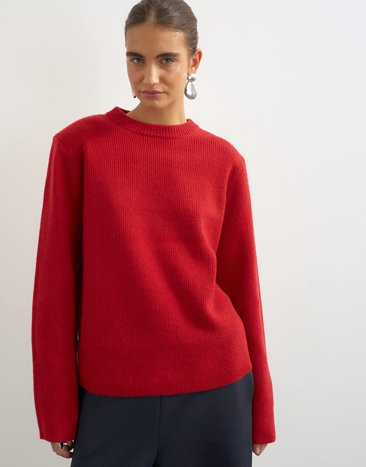 Topshop knitted premium pure lambswool soft shoulder pad jumper in red with blue tipping
