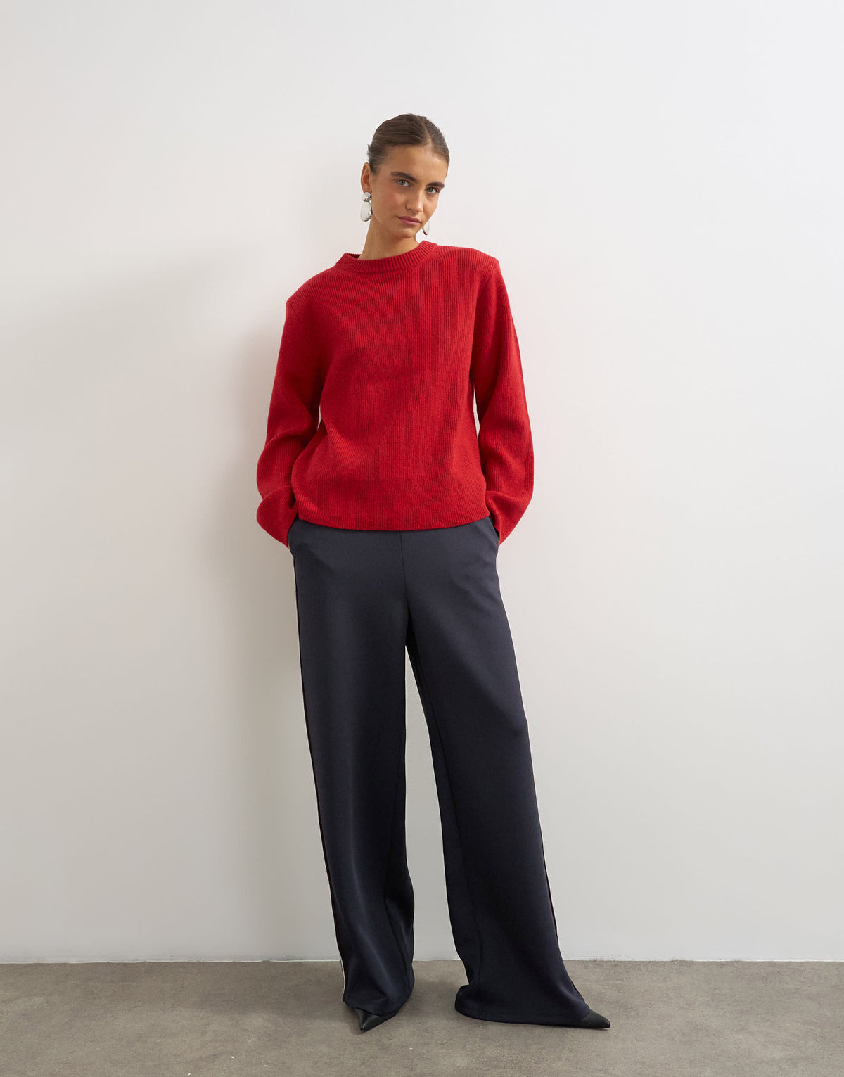 Topshop knitted premium pure lambswool soft shoulder pad jumper in red with blue tipping